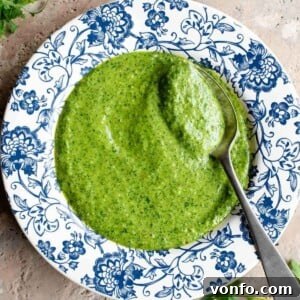 A cropped image of vibrant arugula pesto presented in a blue and white patterned bowl, with a spoon resting beside it.