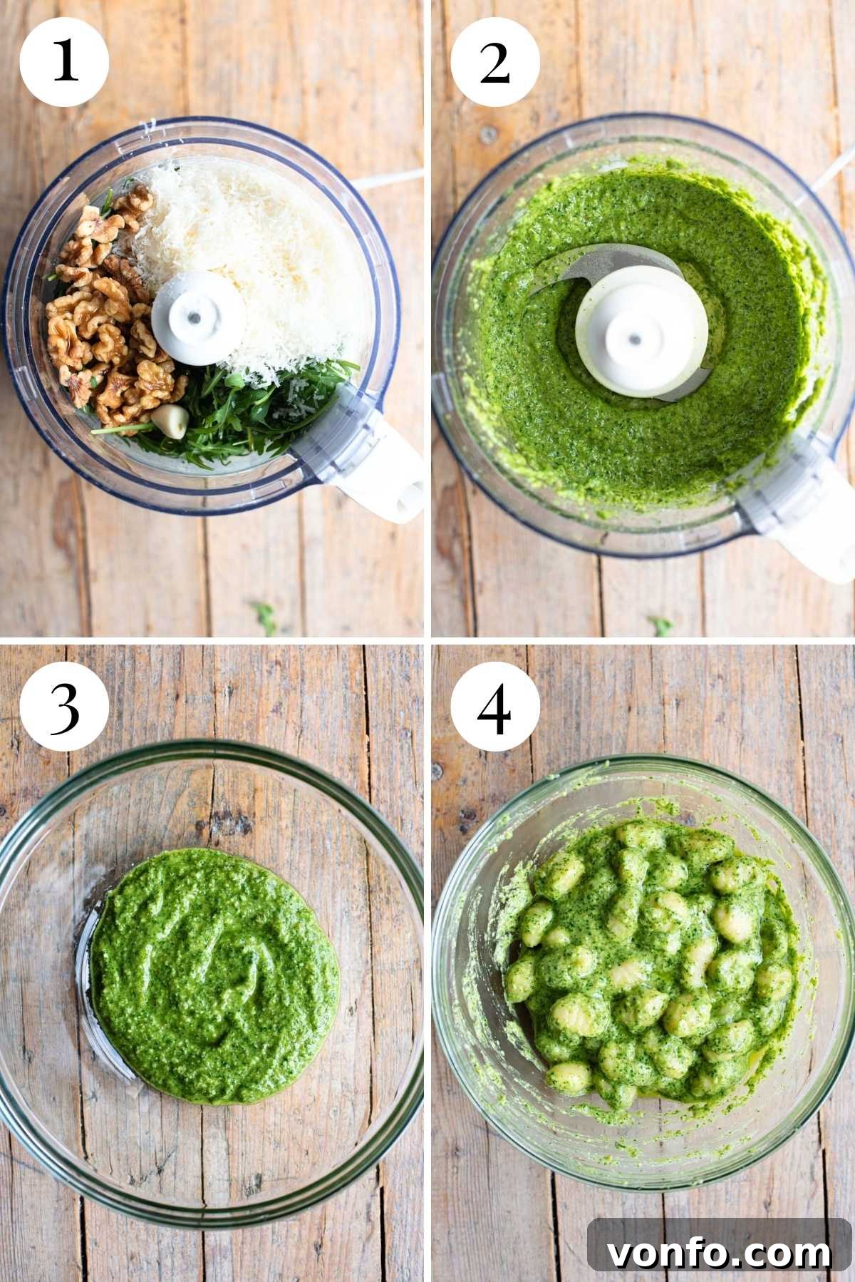 A four-photo collage illustrating the essential steps for making arugula pesto gnocchi, including blending the pesto ingredients and frying the pancetta to a crisp.