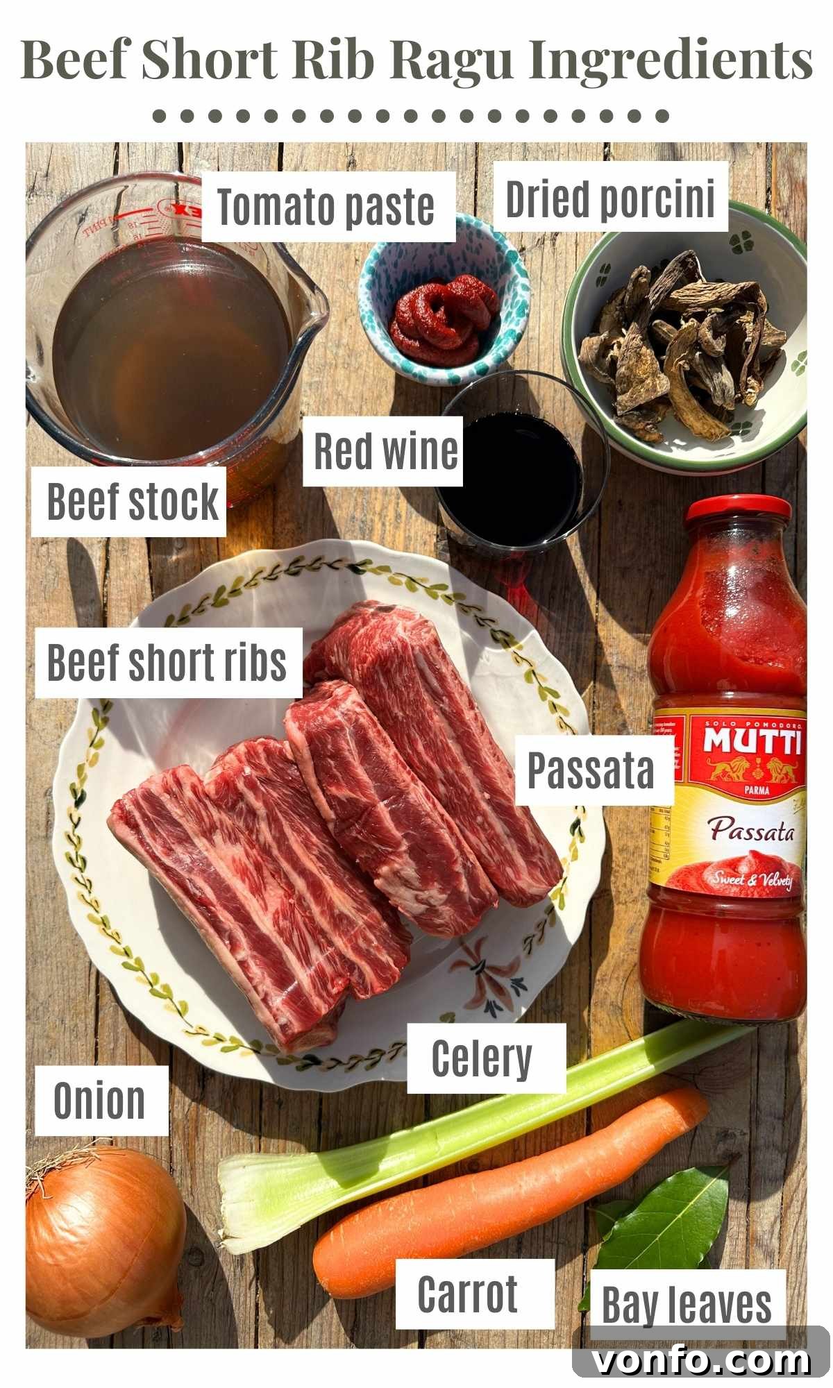 Beef short rib ragu ingredients arranged on a rustic wooden surface, including raw beef short ribs, onion, celery, carrot, beef stock, tomato paste, red wine, dried porcini, passata, and bay leaves, all labeled for clarity.
