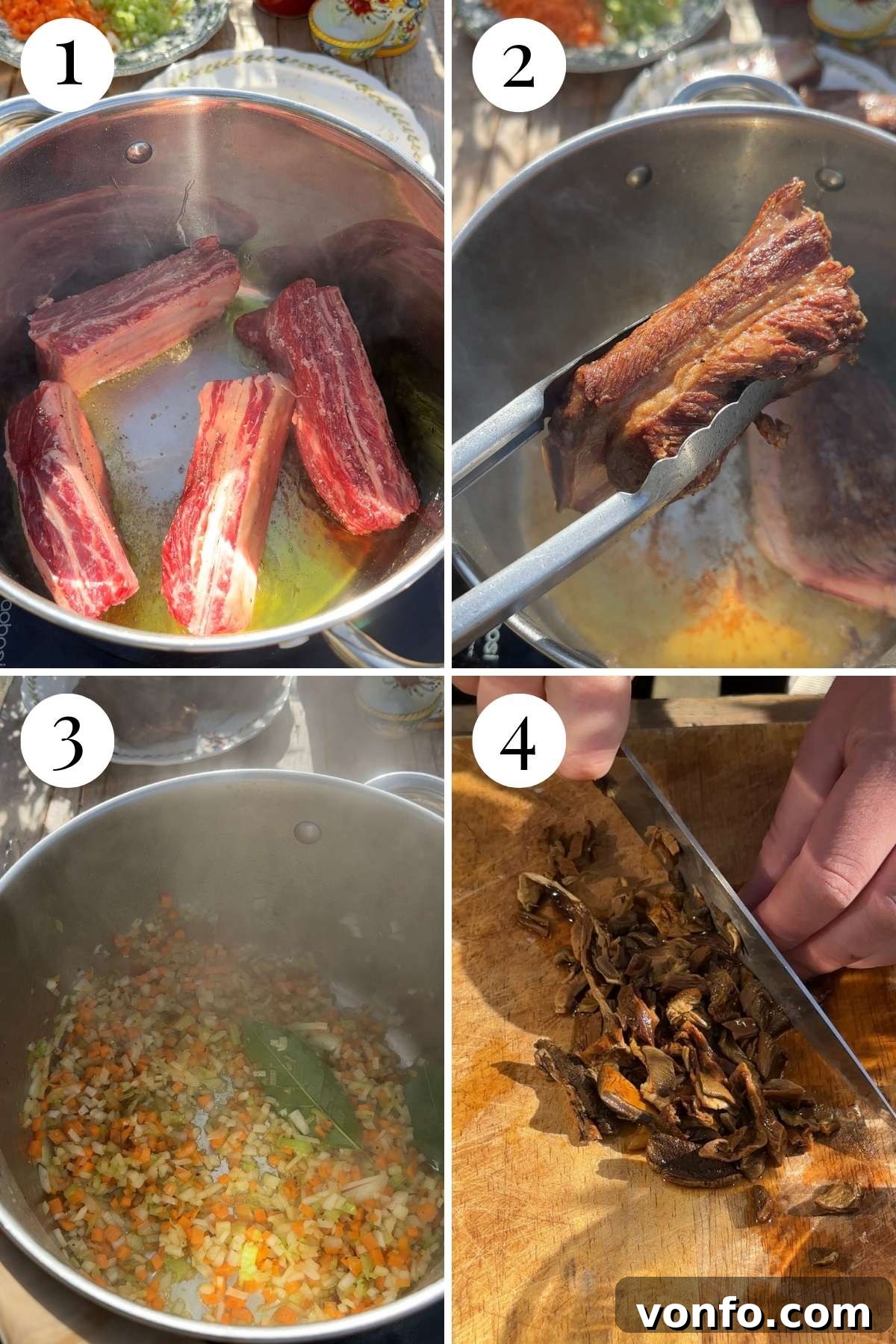 Step-by-step images for beef short rib ragu: browning short ribs, searing them, sautéing vegetables, and chopping soaked porcini mushrooms.