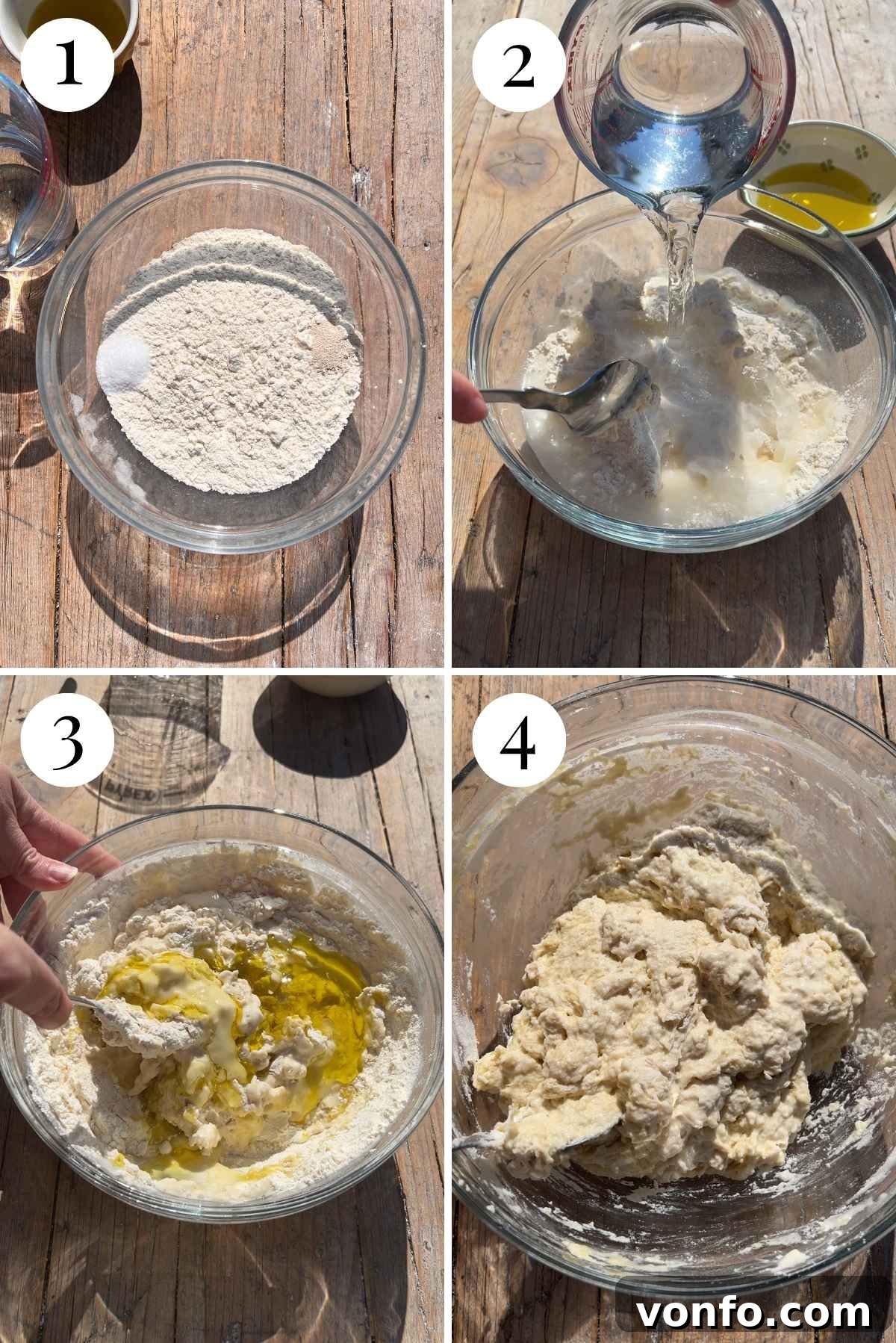 Snooze Button Overnight Focaccia 4 Four images in a collage showing flour, salt and yeast in a glass bowl getting mixed with water and olive oil.
