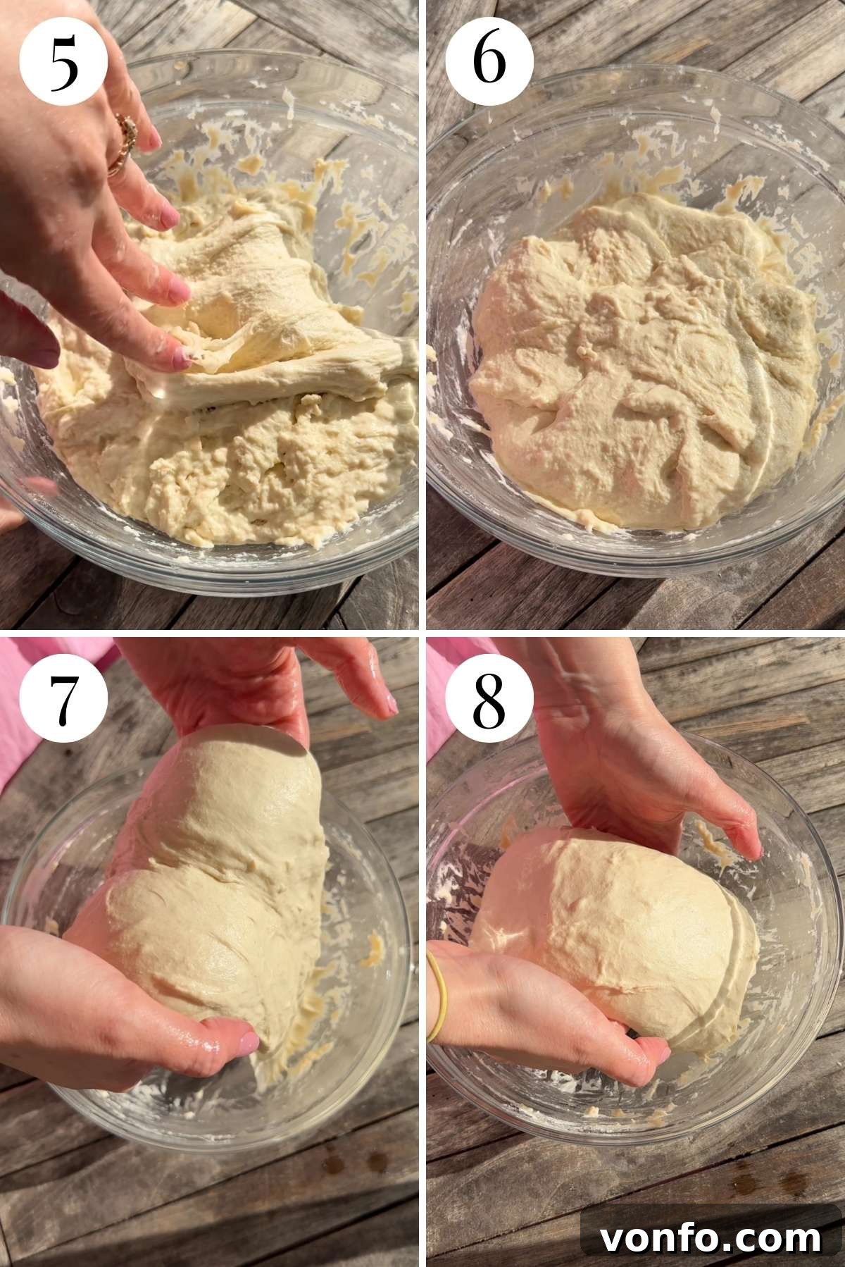 Snooze Button Overnight Focaccia 5 Four images in a collage showing how to do a stretch and fold then a coil fold with focaccia dough.