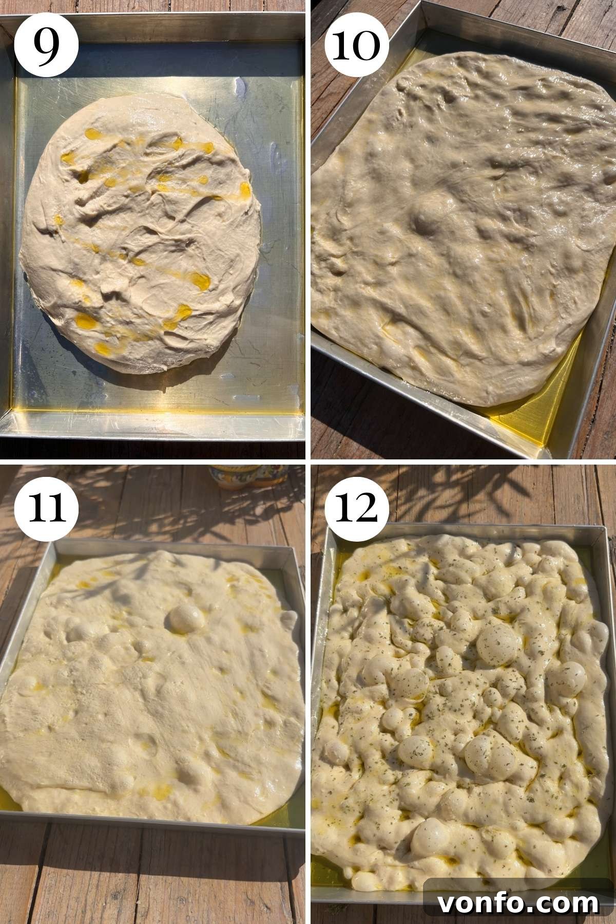 Snooze Button Overnight Focaccia 6 Four photos in a collage showing focaccia dough in a tray before and after proofing.