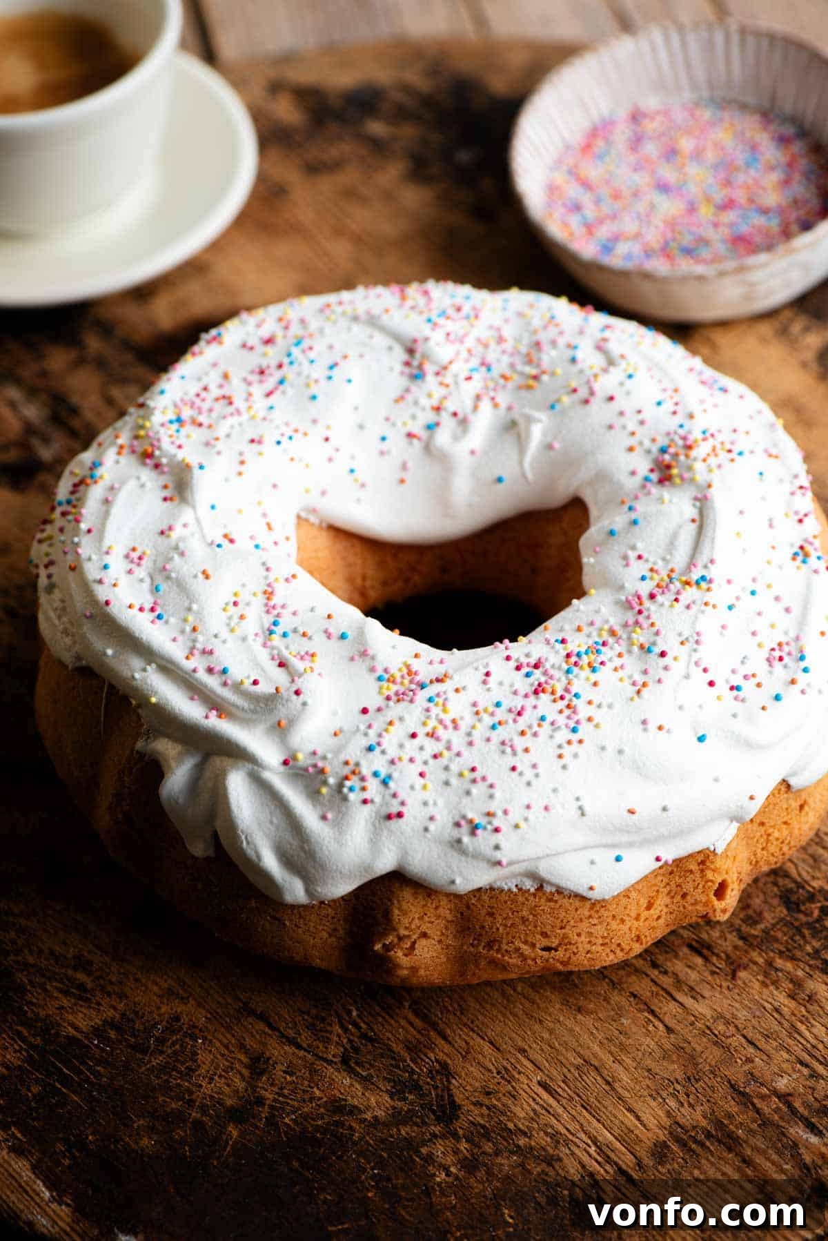 Ciaramicola: Umbria's Vibrant Easter Bundt 2 A vibrant pink Ciaramicola Italian bundt cake, elegantly topped with white meringue and colorful sprinkles, resting on a rustic wooden board.