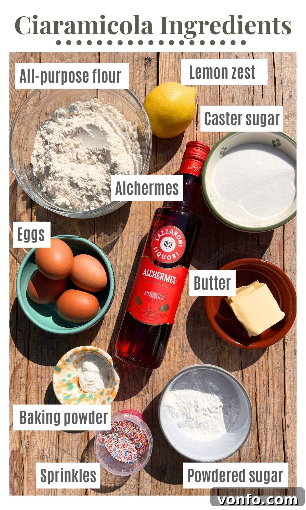 Ciaramicola: Umbria's Vibrant Easter Bundt 3 All the essential ingredients for making a Ciaramicola bundt cake, neatly arranged on a rustic wooden surface, showcasing flour, sugar, eggs, Alchermes, butter, baking powder, and lemon zest.
