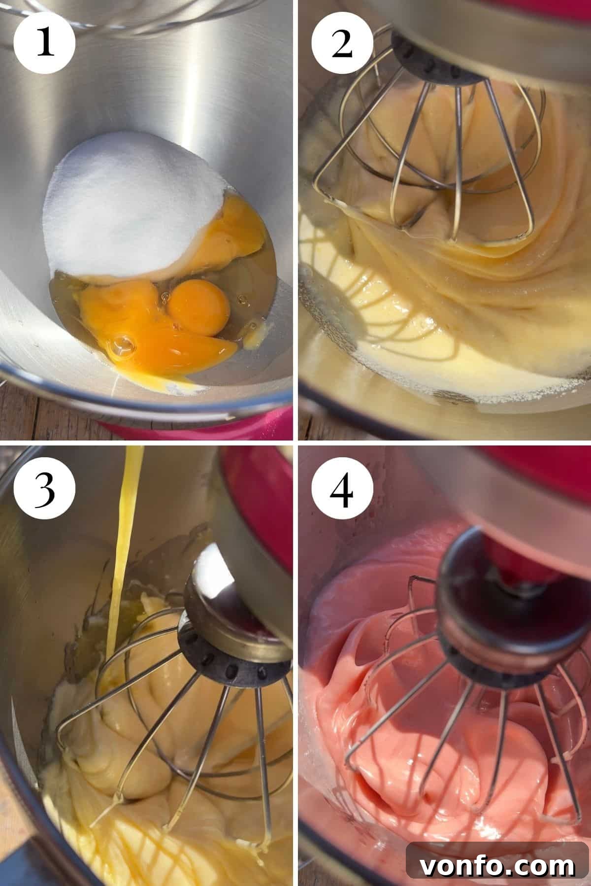 Ciaramicola: Umbria's Vibrant Easter Bundt 4 A collage of four photos demonstrating the initial stages of Ciaramicola preparation: whisking eggs and sugar until pale and fluffy, slowly adding melted butter, incorporating Alchermes liqueur to achieve the vibrant pink color, and finally adding fresh lemon zest to the developing batter.