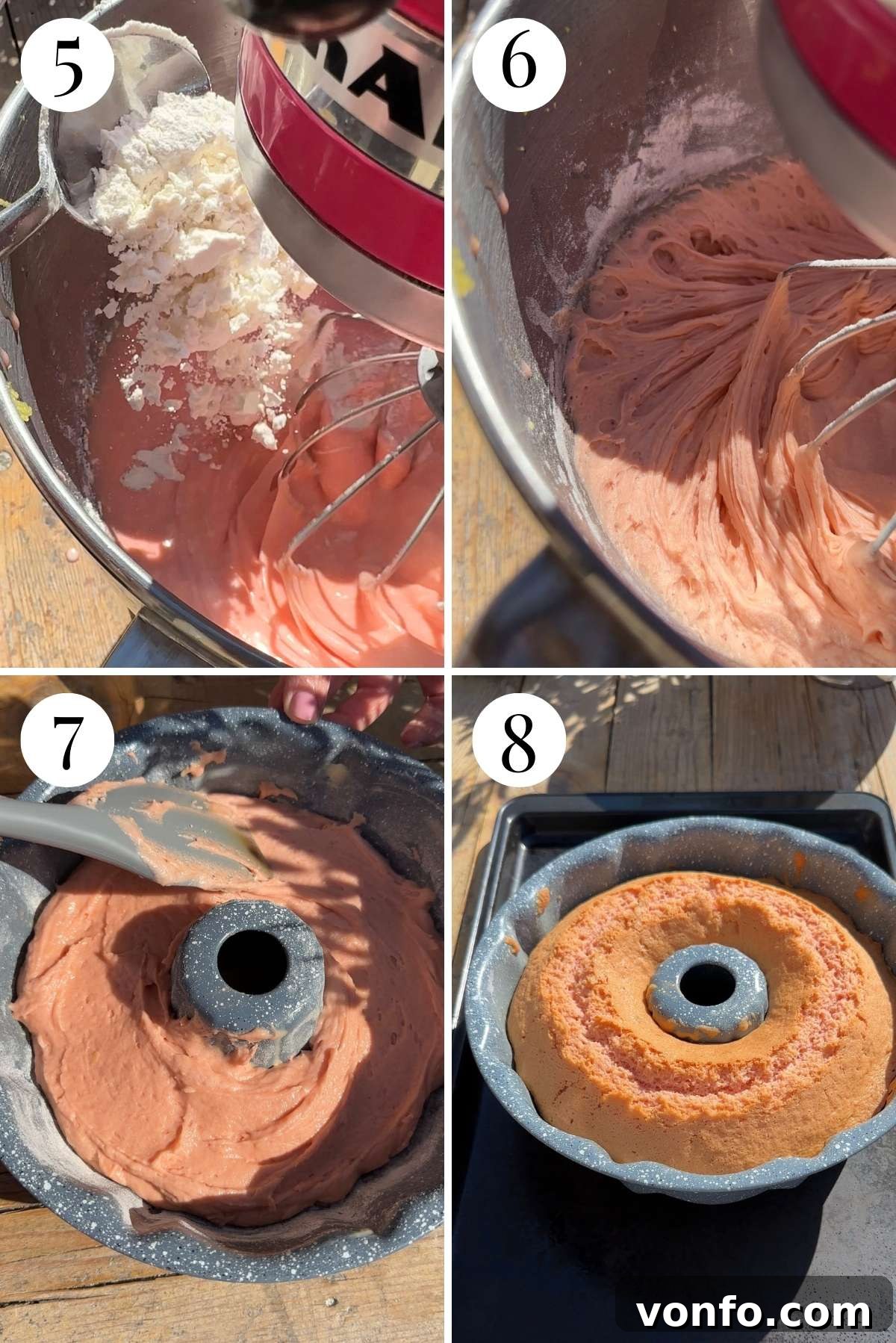 Ciaramicola: Umbria's Vibrant Easter Bundt 5 A collage of four photos detailing the next steps in baking Ciaramicola: gradually adding flour to the pink cake batter, pouring the smooth batter into a perfectly prepared bundt pan, and the beautifully rising cake baking in the oven until golden.