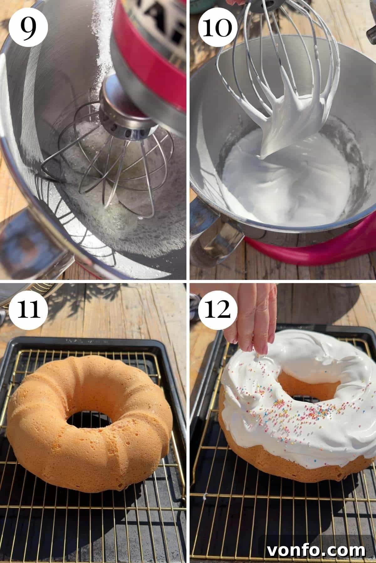 Ciaramicola: Umbria's Vibrant Easter Bundt 6 A collage of four photos showcasing the meringue preparation and application: whipping egg whites until frothy, gradually adding sugars to create a stiff, glossy meringue, carefully topping the Ciaramicola bundt cake with the whipped meringue, and finally, adding vibrant sprinkles as a decorative finish before the final bake.
