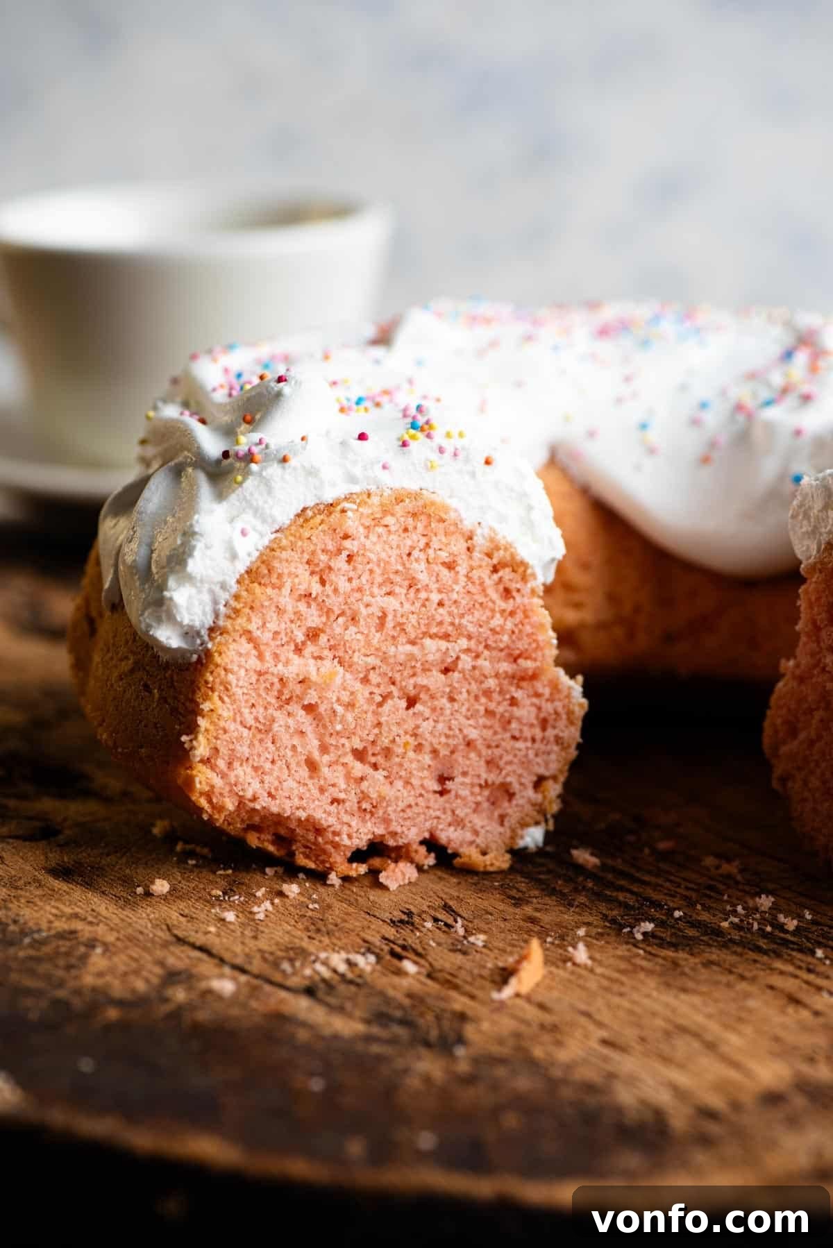 Ciaramicola: Umbria's Vibrant Easter Bundt 7 A close-up view of a slice of Ciaramicola Italian bundt cake, revealing its bright pink, moist sponge and the fluffy white meringue topping, resting elegantly on a wooden surface.