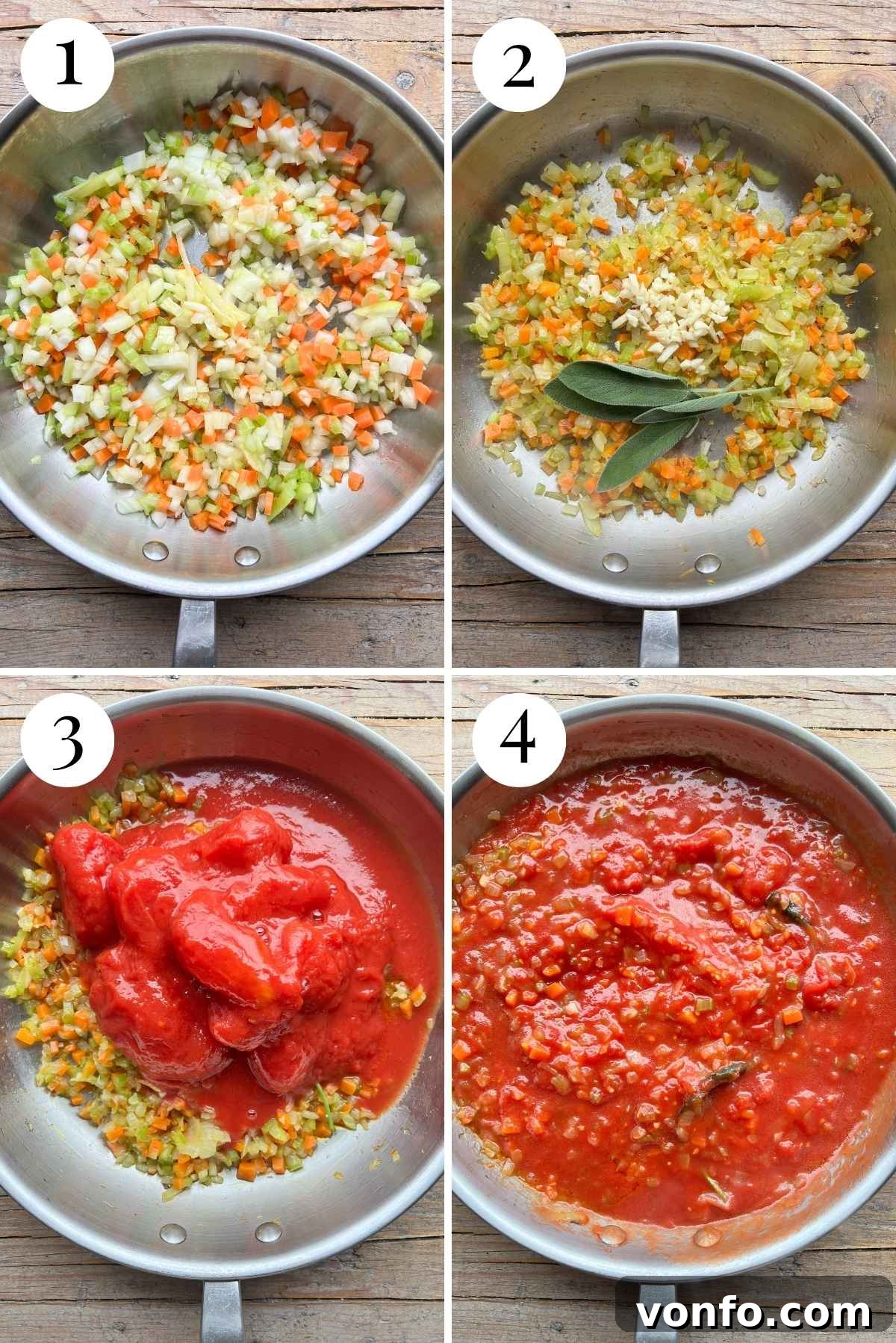 Hearty Faux Tripe Ragù 4 Four photos in a collage demonstrating how to sauté vegetables and incorporate canned plum tomatoes into the sauce for Trippa Finta.