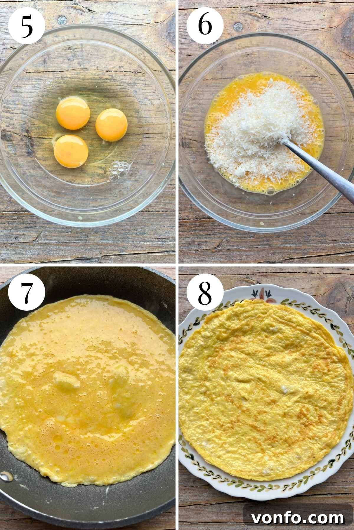 Hearty Faux Tripe Ragù 5 A four-photo collage illustrating the process of making light and cheesy omelettes for Trippa Finta.