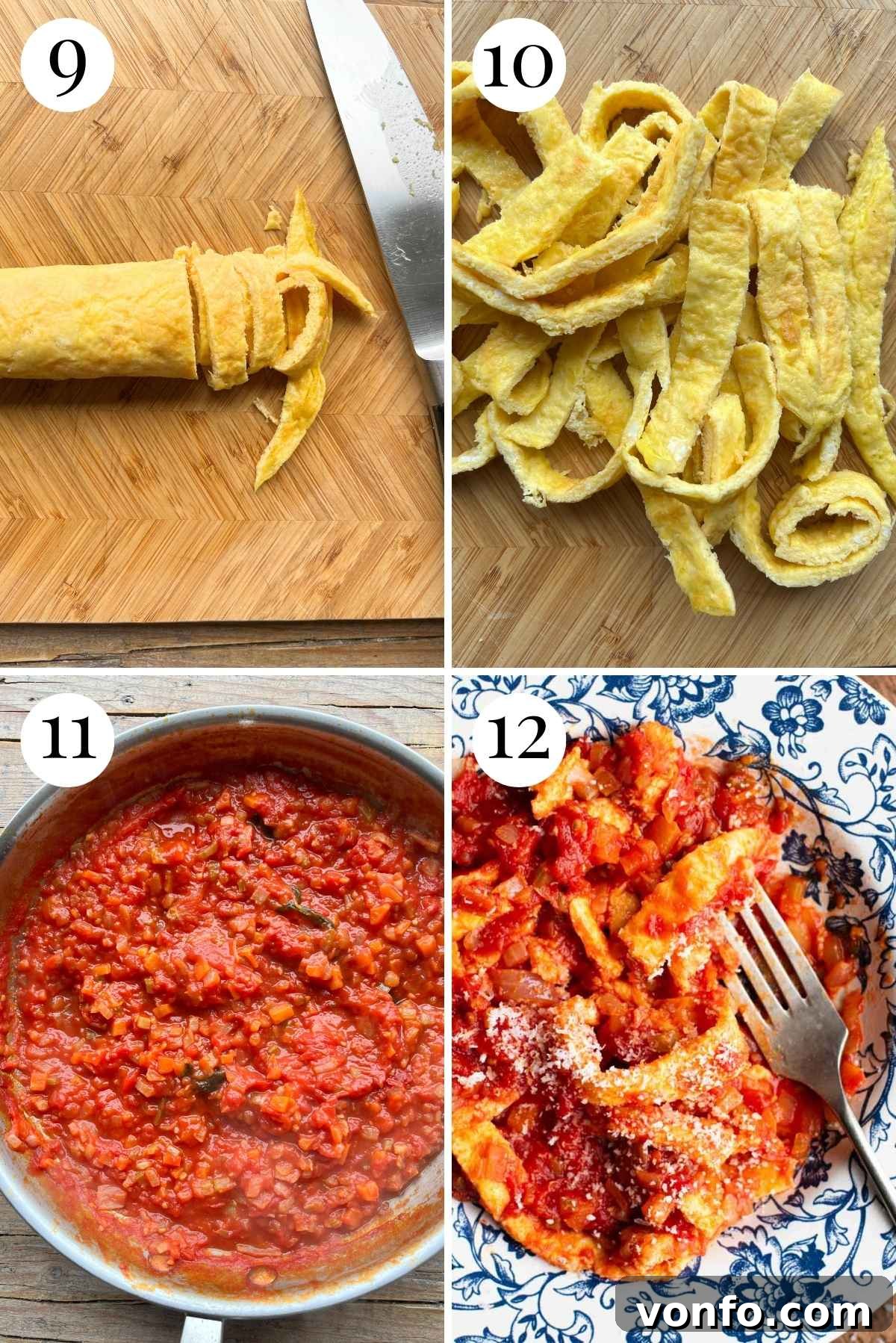 Hearty Faux Tripe Ragù 6 A collage of four photos showing how to cut the cooked omelettes into strips and gently fold them into the simmering tomato sauce.