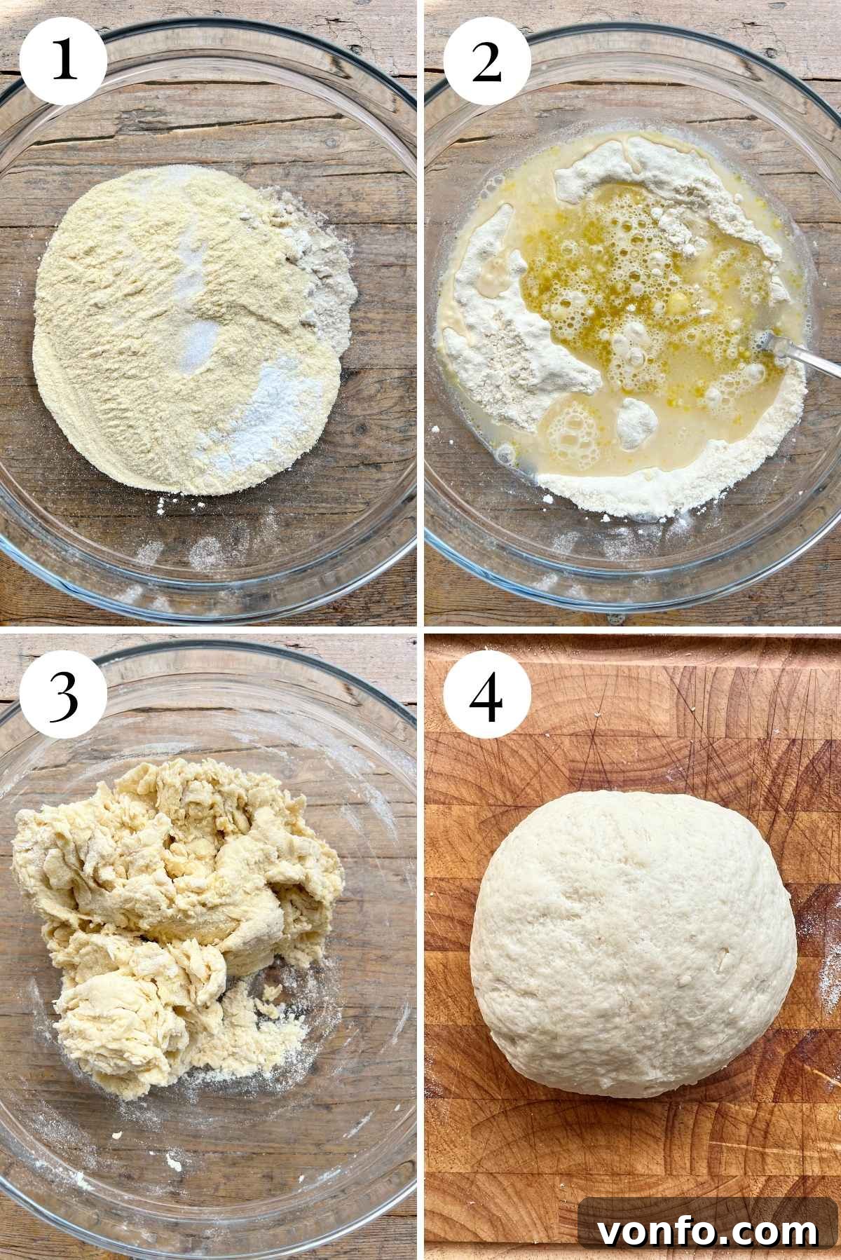 Fast & Crispy Pizza Fingers 4 Four photos in a collage showing how to make a simple yeast-free pizza dough.