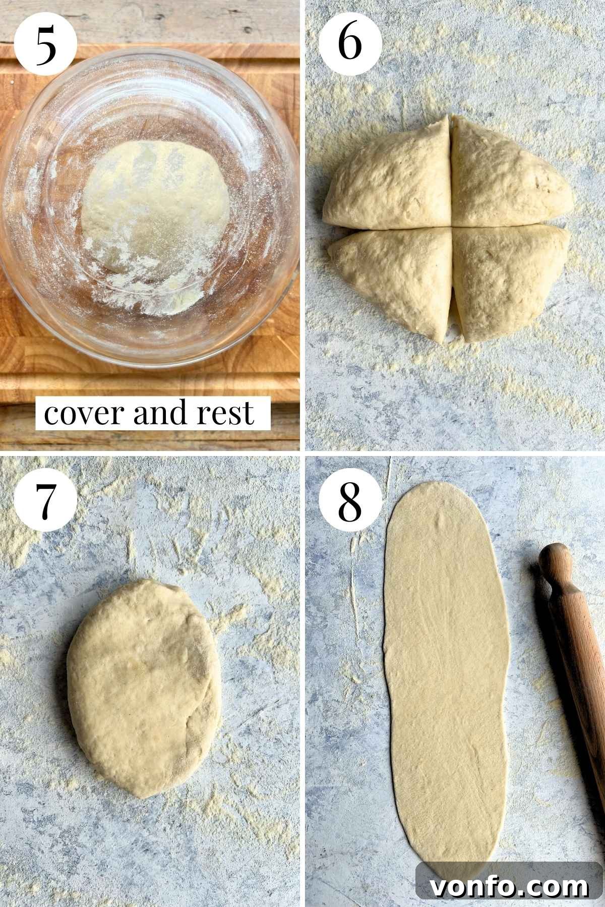 Fast & Crispy Pizza Fingers 5 Four photos in a collage showing how to roll out lingue di pizza.