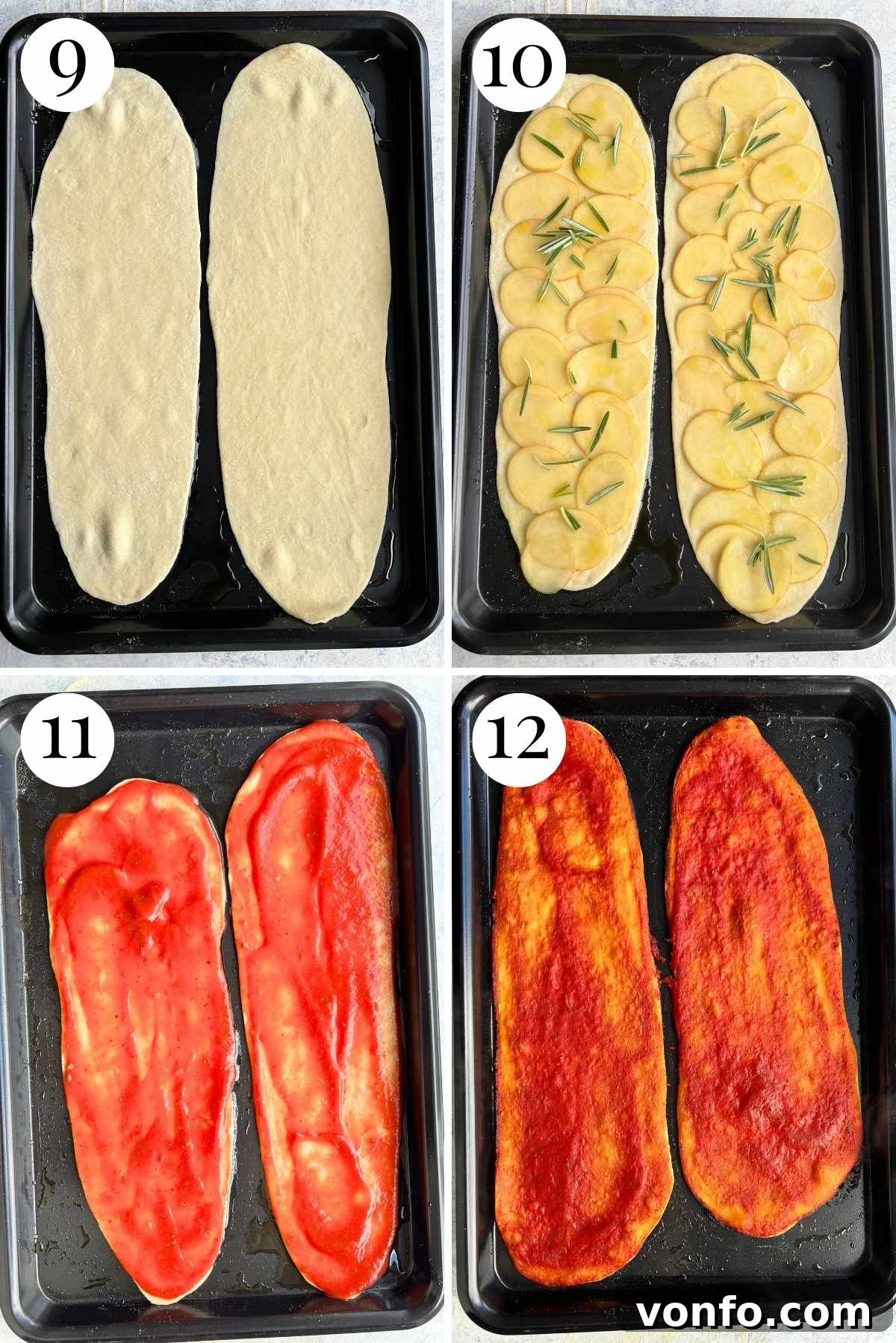 Fast & Crispy Pizza Fingers 6 Four photos in a collage showing how to make and bake long and thin crispy pizzas.