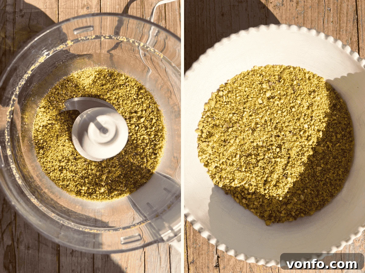 Rustic Italian Pistachio Crumb Cake 6 Close-up of pistachios being blitzed into fine crumbs in a food processor.