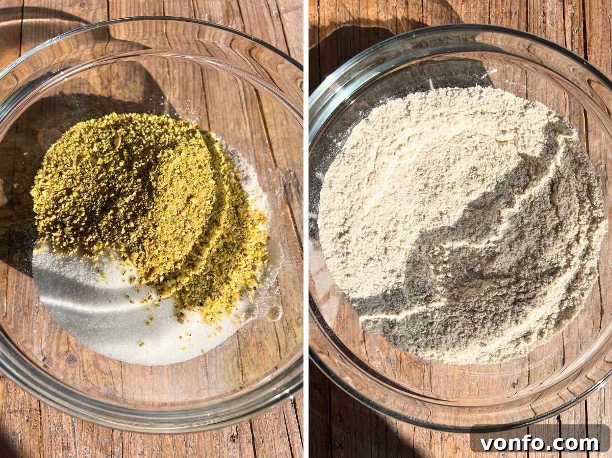 Rustic Italian Pistachio Crumb Cake 7 Dry ingredients for the Sbrisolona pastry, including ground pistachios, flour, sugar, baking powder, and salt, mixed in a bowl.