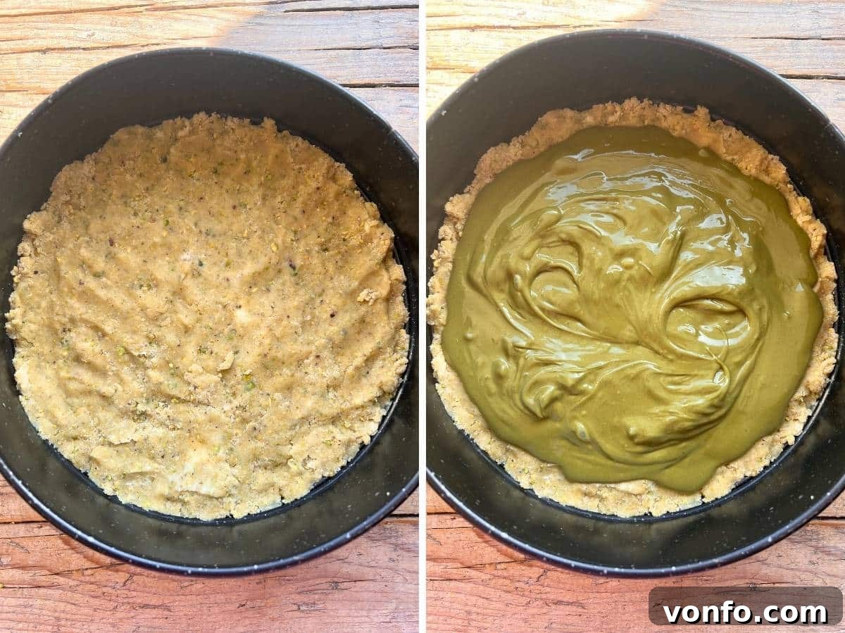 Rustic Italian Pistachio Crumb Cake 9 Two sequential photos illustrating pastry dough pressed into a cake tin, followed by a layer of pistachio cream spread over it, leaving a border.