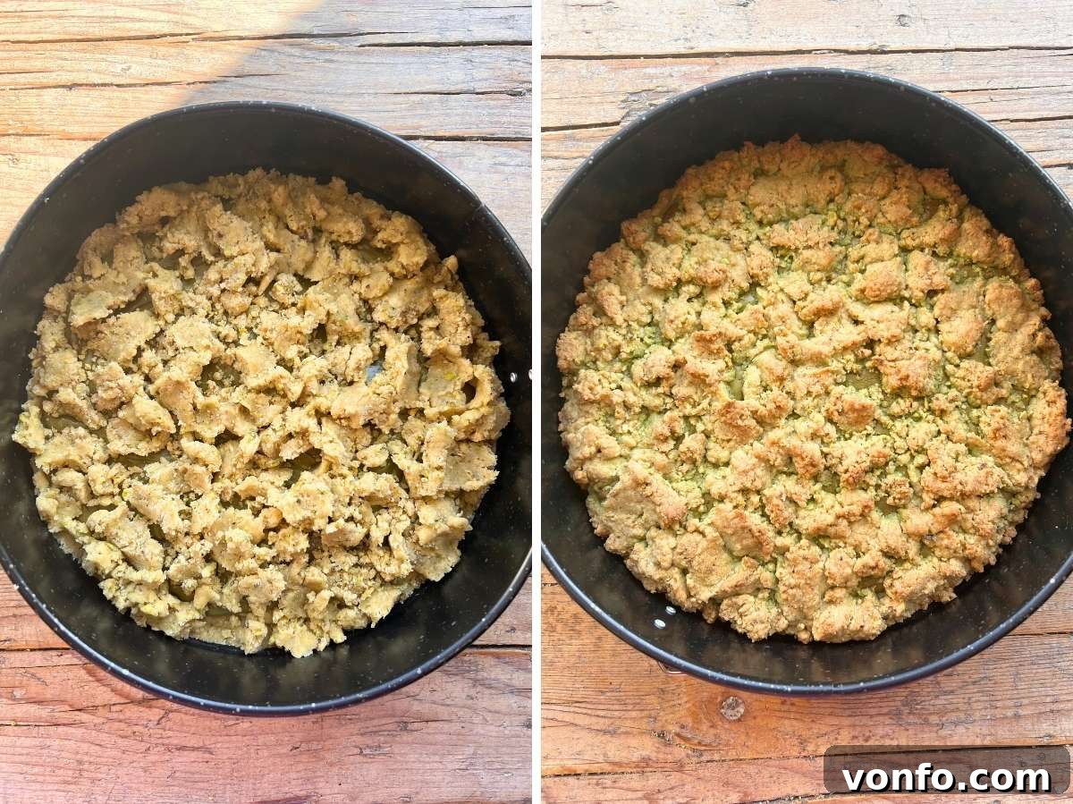 Rustic Italian Pistachio Crumb Cake 10 The Sbrisolona al Pistacchio cake assembled in a tin with the top layer of crumbs, before chilling or baking.