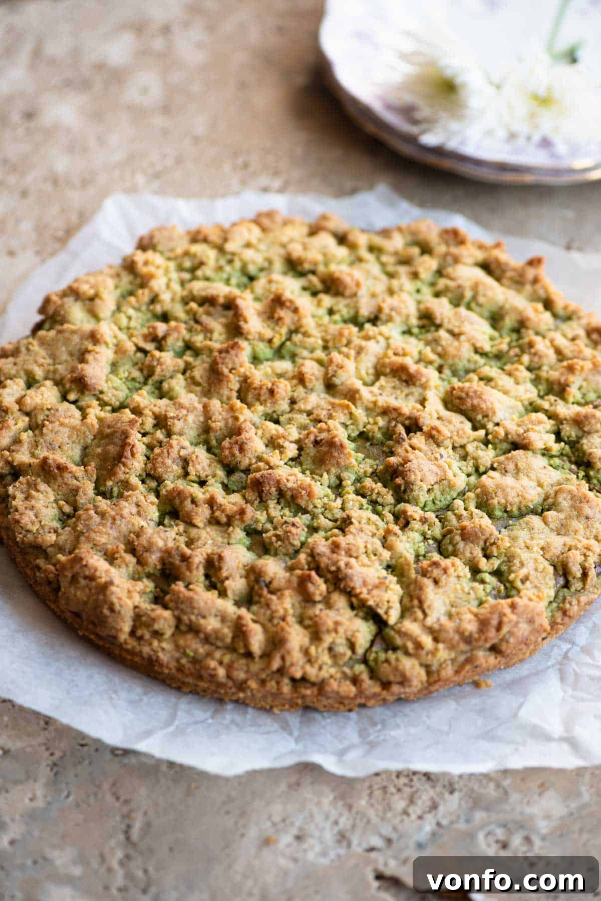 Rustic Italian Pistachio Crumb Cake 4 An entire Sbrisolona al Pistacchio cake elegantly placed on a light travertine surface, ready to be served.