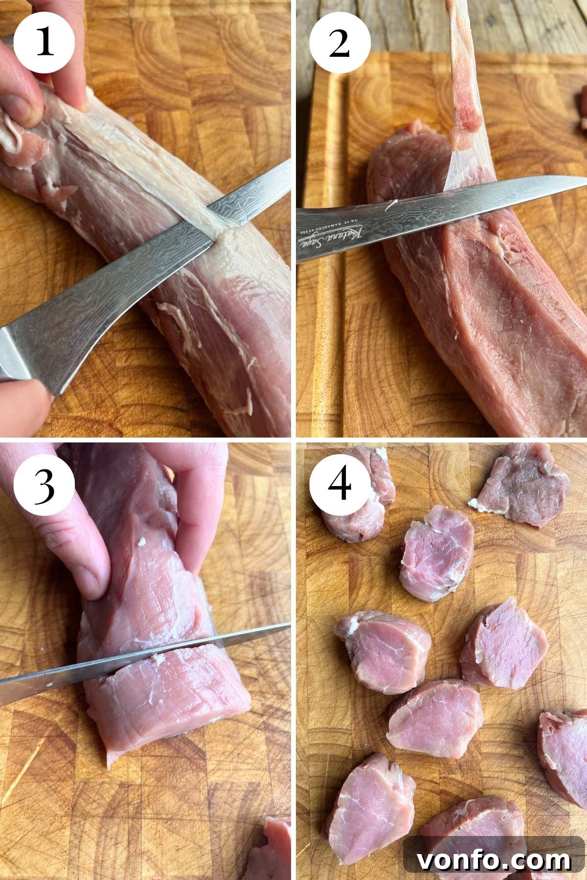 Fennel-Crusted Pork Tenderloin 4 A four-photo collage demonstrating how to properly trim silverskin and sinew from a pork tenderloin using a sharp knife.