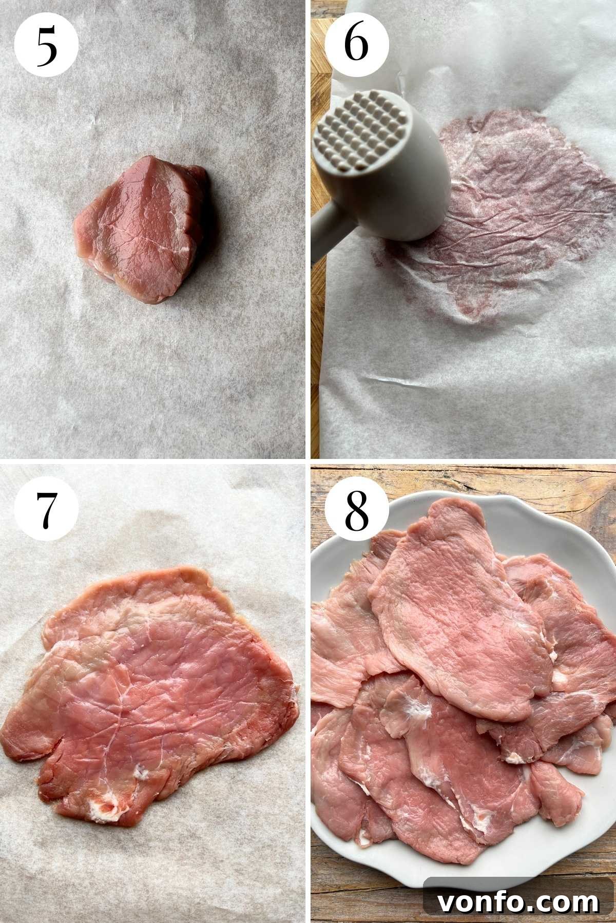 Fennel-Crusted Pork Tenderloin 5 A four-photo collage showing the process of pounding slices of pork tenderloin thin with a meat mallet between two sheets of parchment paper.