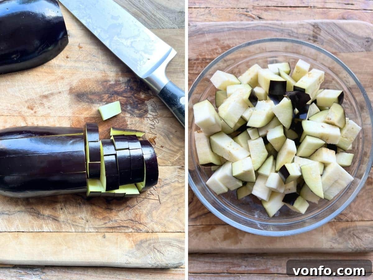Golden Fried Eggplant Simmered in Rustic Tomato Sauce 6 Two photos in a collage showing how to cut an eggplant into small cubes and then salting them in a colander.