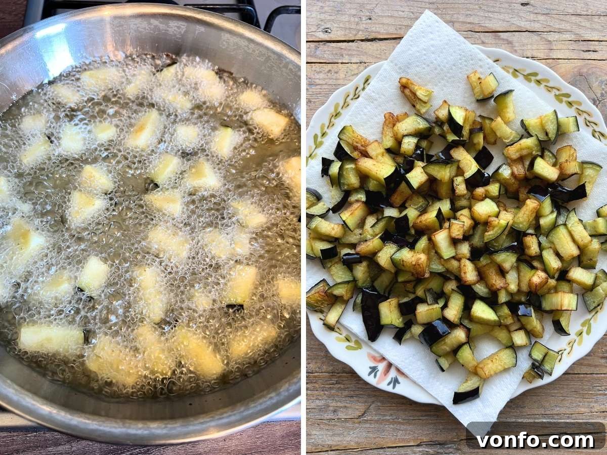 Golden Fried Eggplant Simmered in Rustic Tomato Sauce 7 Two photos in a collage, one showing eggplant being fried in hot oil and one showing fried eggplant draining on kitchen paper.