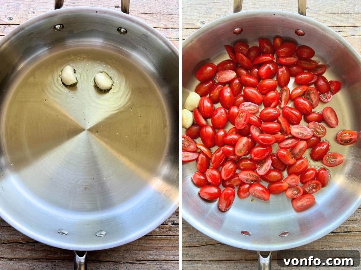 Golden Fried Eggplant Simmered in Rustic Tomato Sauce 8 Two photos in a collage; one showing two whole garlic cloves sautéing in olive oil and another showing sliced cherry tomatoes being added to the pan.