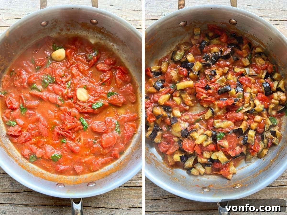 Golden Fried Eggplant Simmered in Rustic Tomato Sauce 9 The finished Melanzane a Funghetto dish in a serving bowl, garnished with fresh basil.