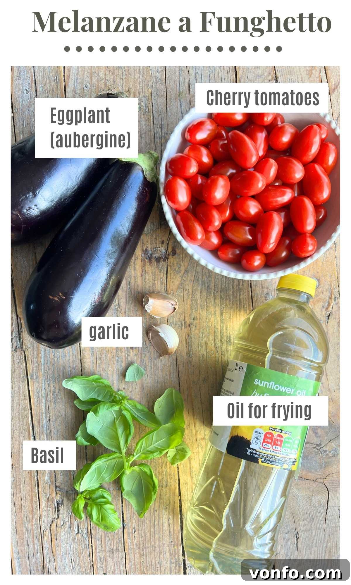 Golden Fried Eggplant Simmered in Rustic Tomato Sauce 3 An overhead shot of all the fresh ingredients needed for Melanzane a Funghetto: eggplant, cherry tomatoes, basil, garlic, and olive oil.
