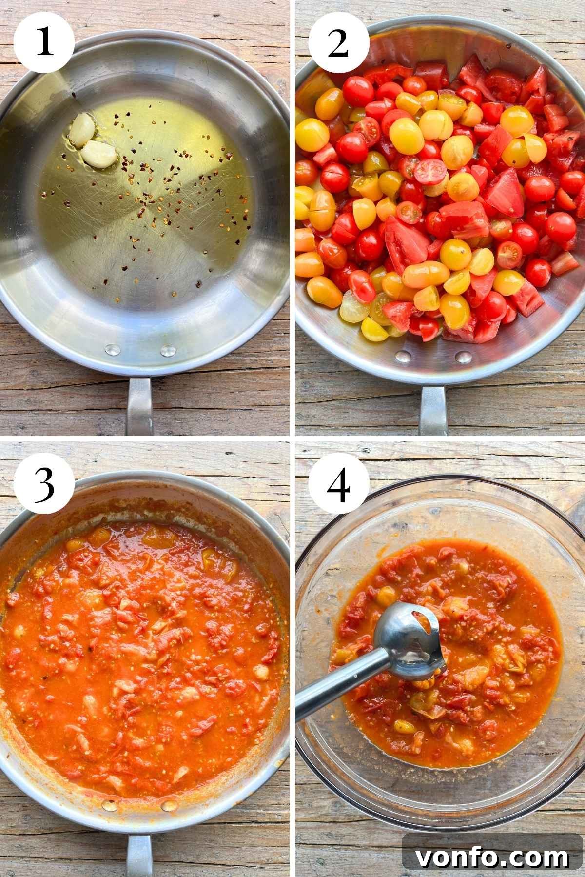 A collage of four photos demonstrating how to prepare the tomato sauce base, showing garlic and chili flakes sautéing, followed by the addition of chopped fresh tomatoes, and the mixture simmering.