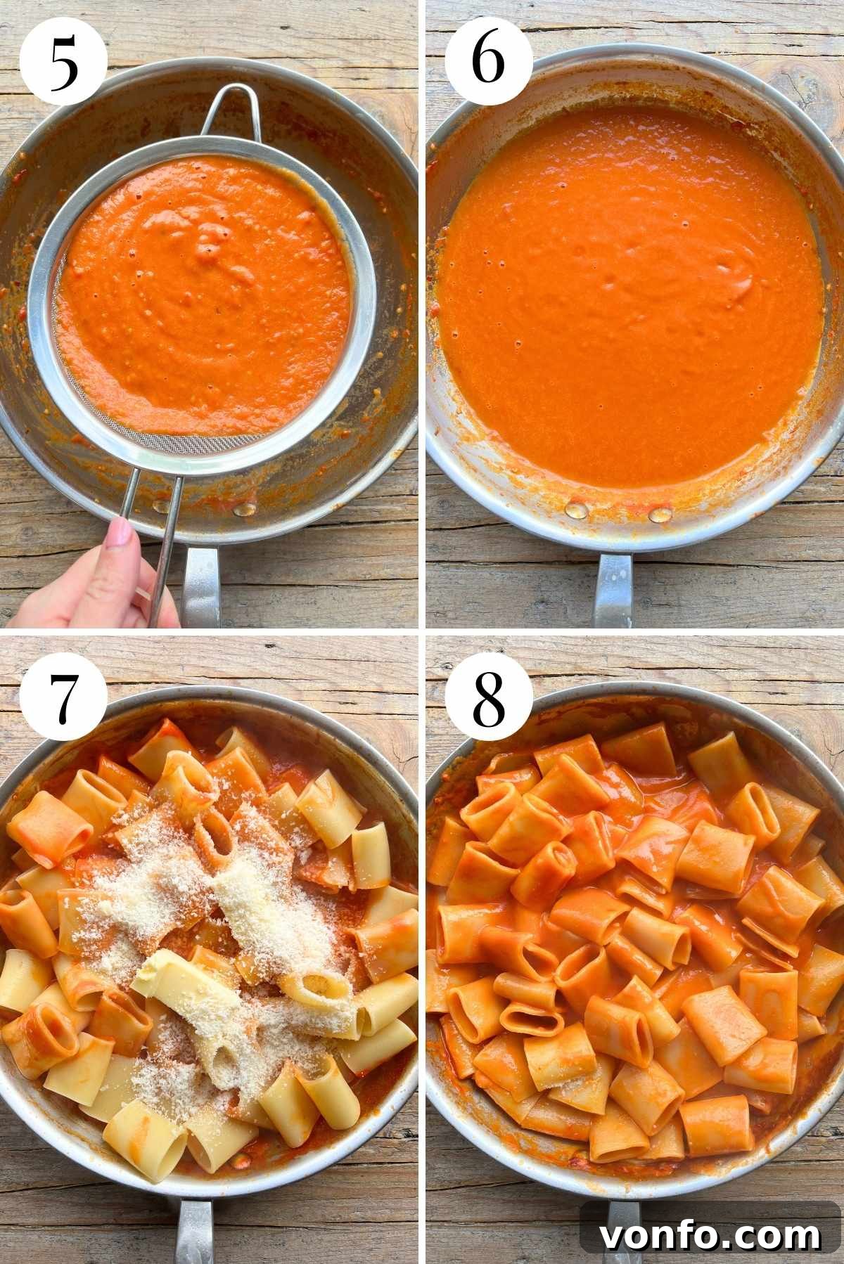 A collage of four photos illustrating the process of achieving a silky smooth tomato sauce, showing blending the sauce, then pressing it through a sieve to remove solids.