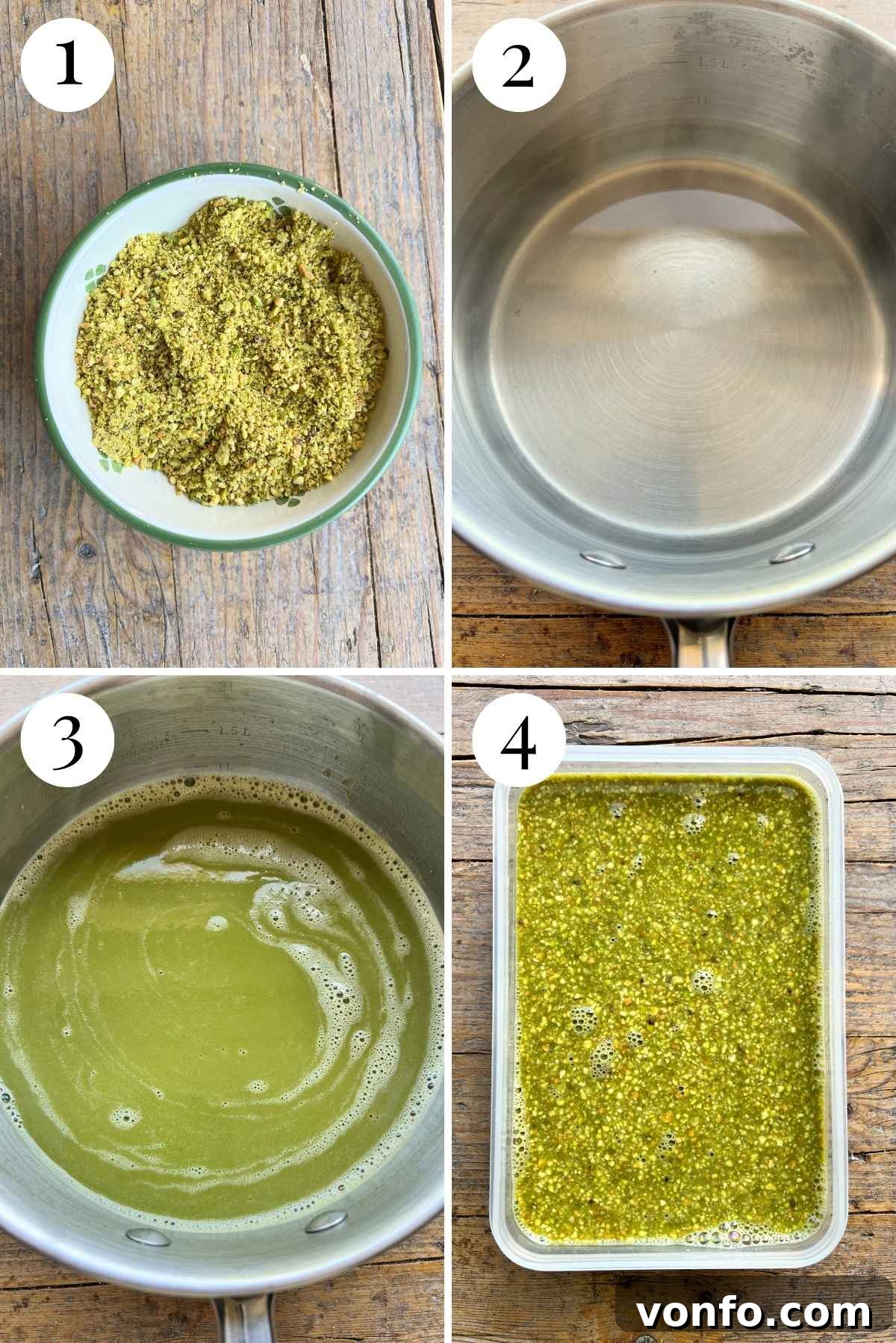 A four-panel collage showing the process of making pistachio granita: 1. Pistachios finely blitzed, 2. Sugar and water boiling to form syrup, 3. Pistachio cream being whisked into the hot syrup, 4. The finished mixture poured into a container for freezing, with chopped pistachios mixed in.