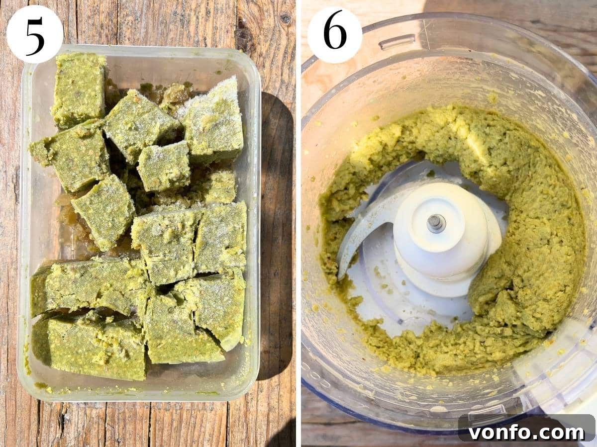 A two-panel collage showing the final steps of making pistachio granita: 1. Large chunks of frozen granita ready for processing, 2. The processed granita transformed into a smooth, creamy slushy texture, perfect for serving.