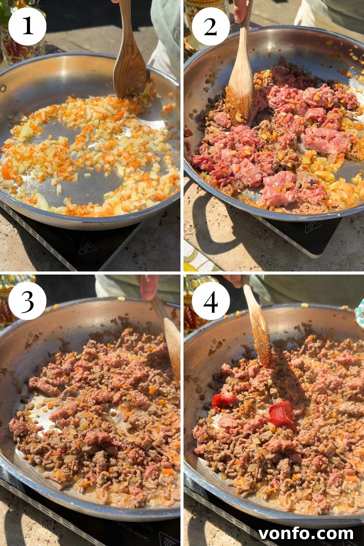 Four photos in a collage showing how to saute vegetables and sausages and beef in a pan with tomato paste and wine.