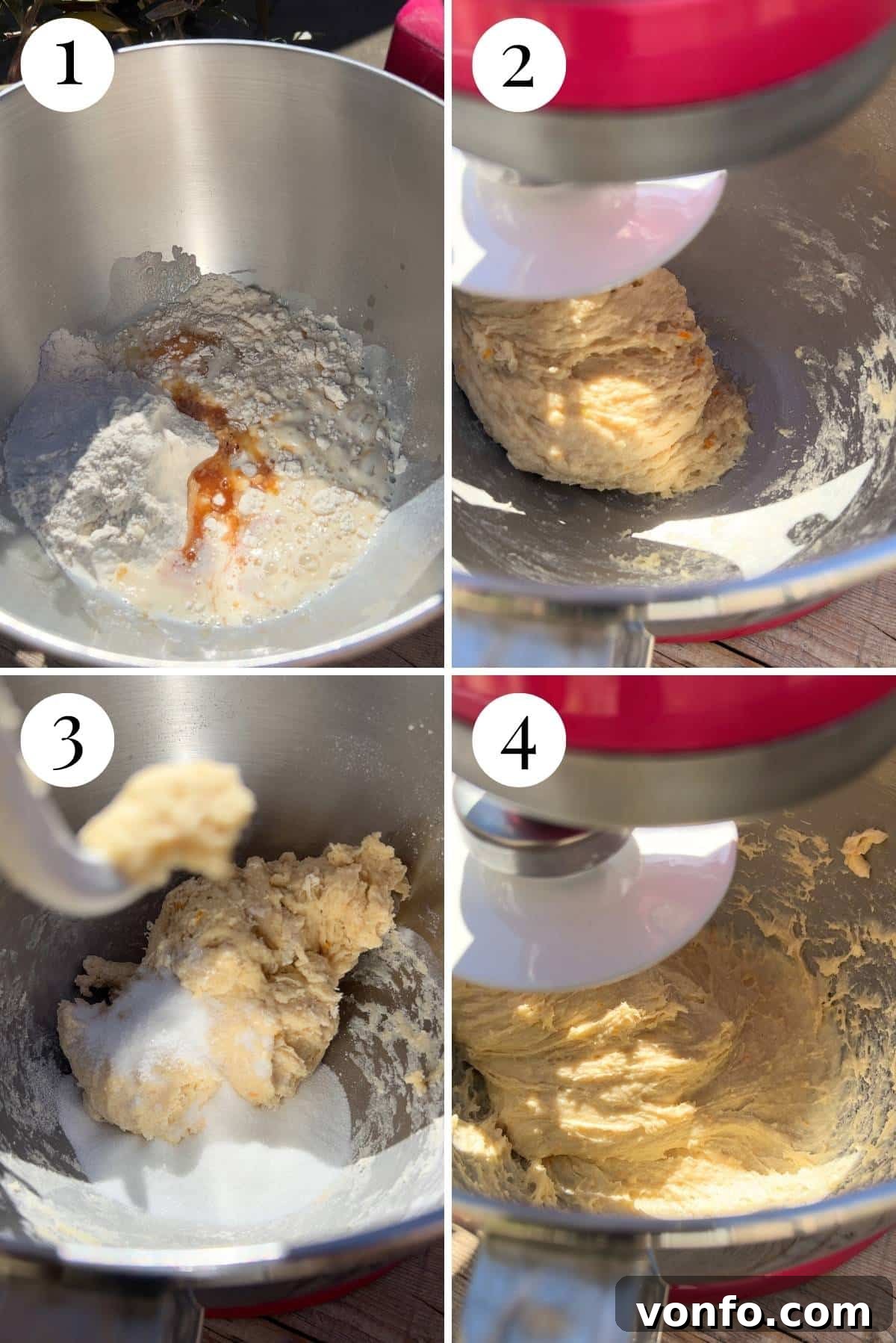 A four-photo collage demonstrating the initial stages of making brioche dough in a stand mixer, from combining ingredients to forming a rough dough.