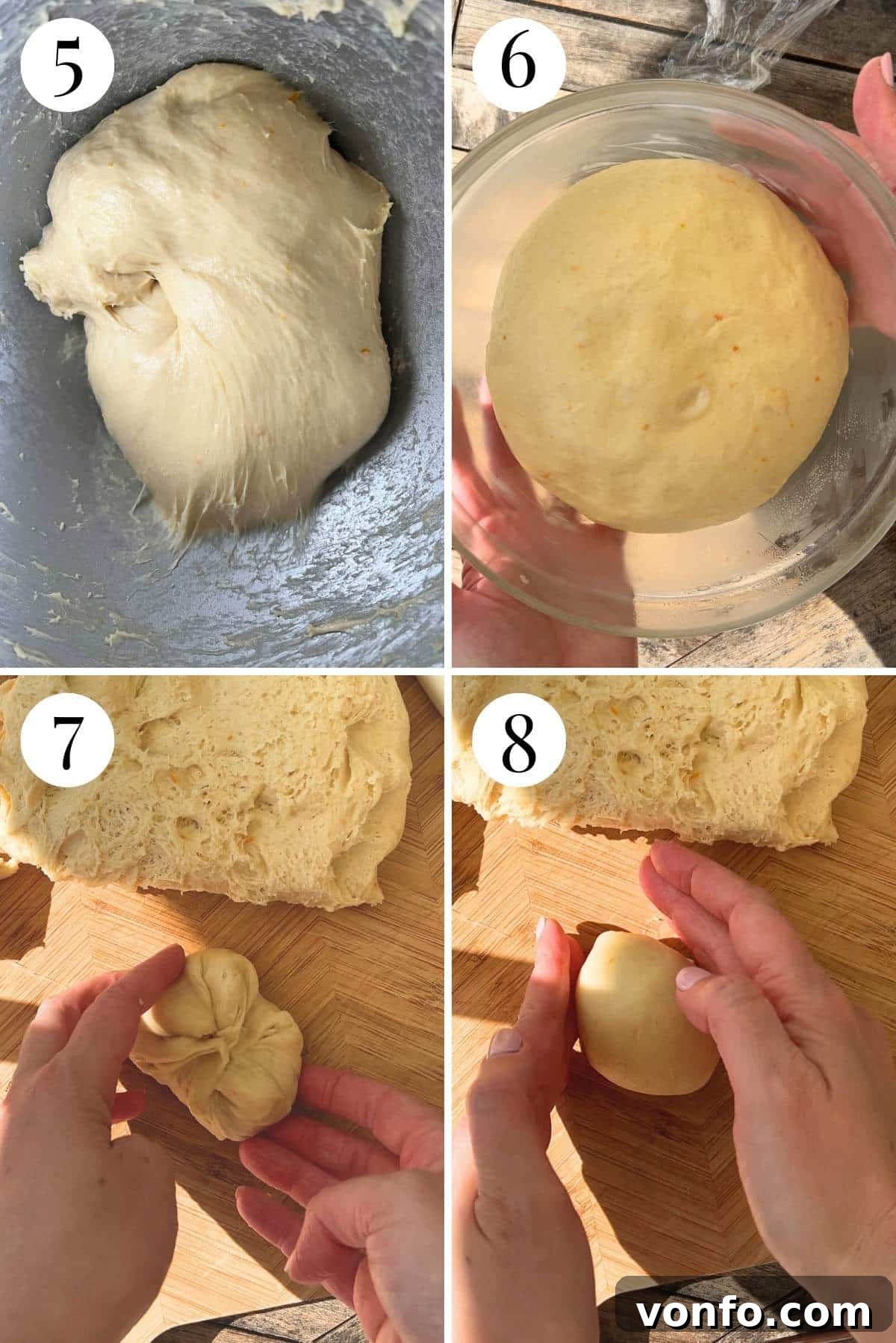 A four-photo collage illustrating the stages of proofing the brioche dough and then accurately shaping it into individual buns with their characteristic tuppo.