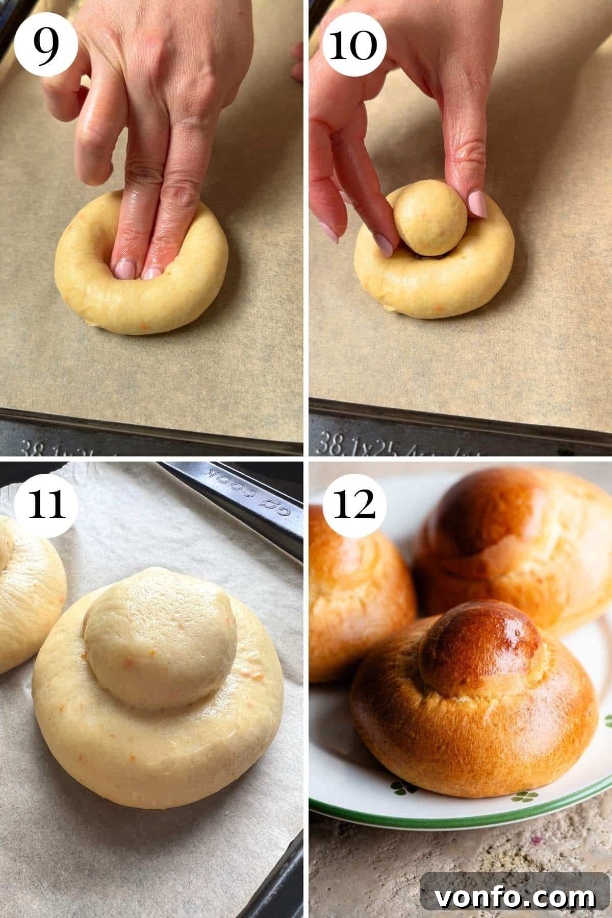 A four-photo collage demonstrating the precise steps involved in shaping and assembling the distinctive Sicilian Brioche Buns with their iconic top knots.