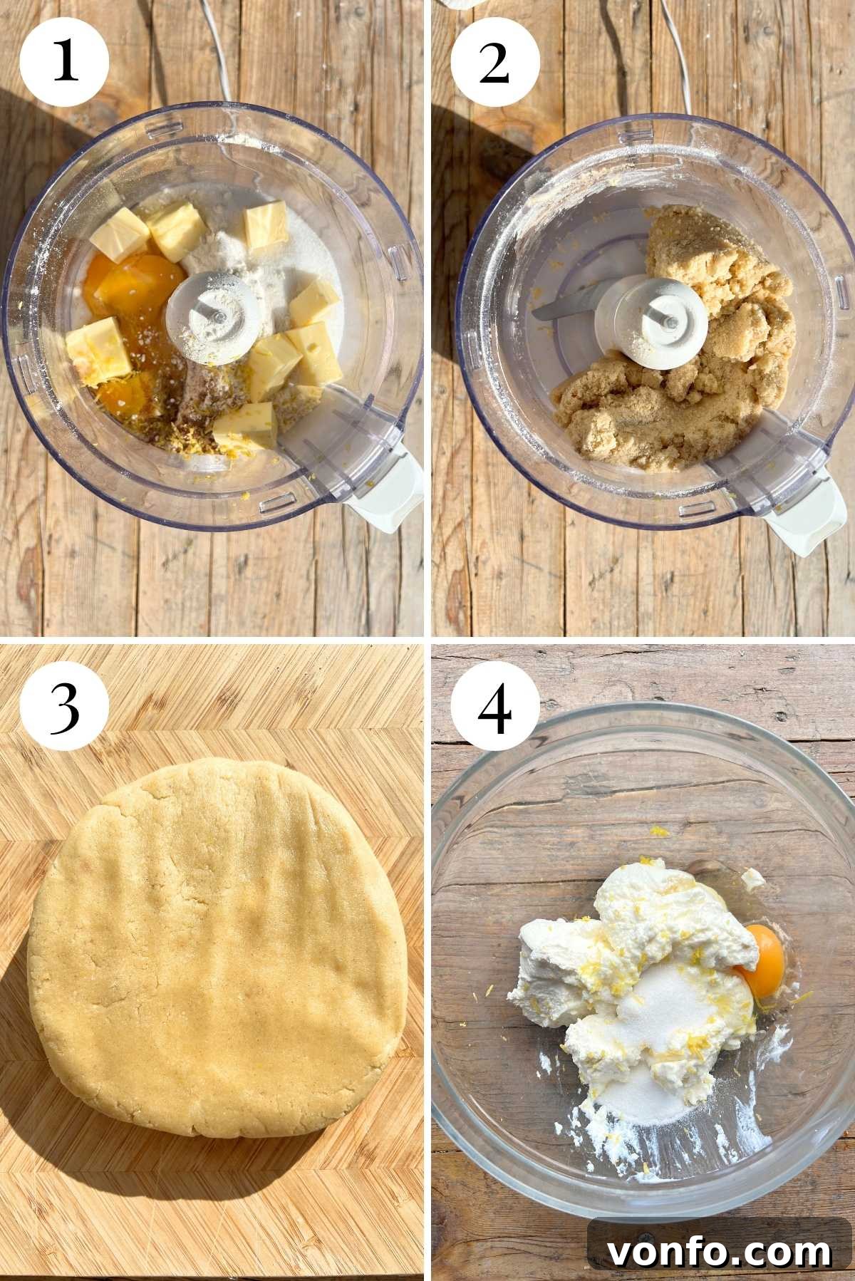 A four-panel collage illustrating the initial steps of making crostata: blitzing pastry dough in a food processor, shaping the dough into a disc for refrigeration, and mixing ricotta, eggs, sugar, and lemon zest in a bowl.