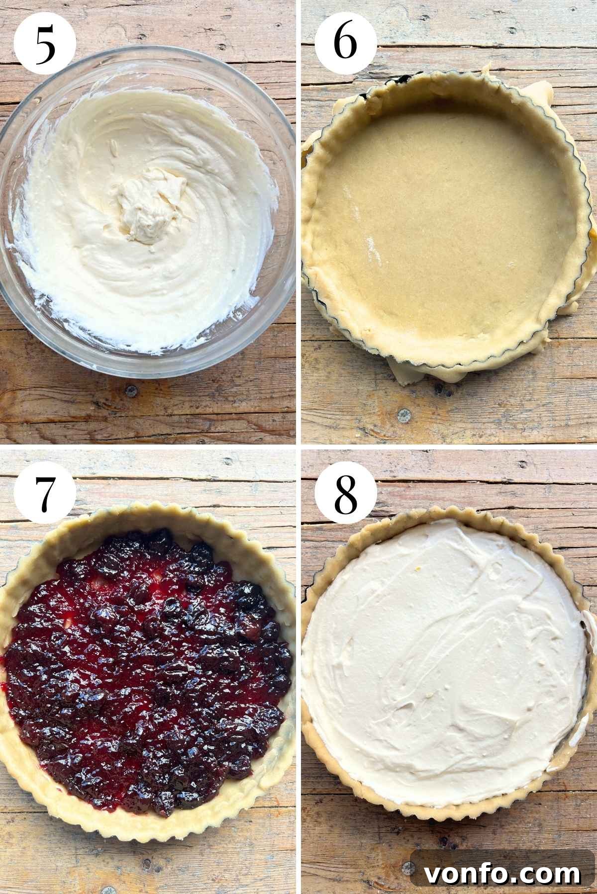 A four-panel collage demonstrating how to line a tart pan with pastry dough, and then fill it with layers of cherry jam and creamy ricotta mixture.