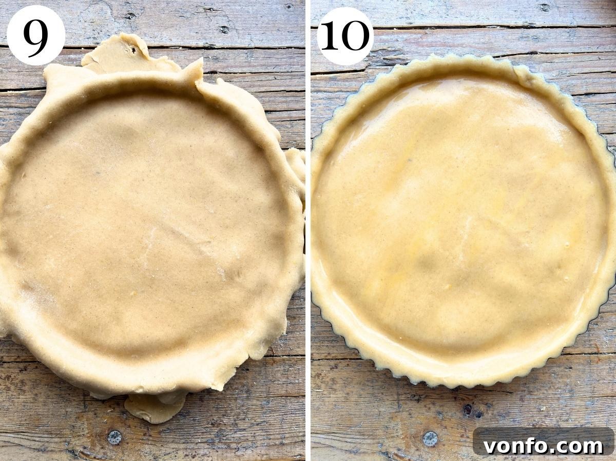 Two sequential photos illustrating the process of sealing a pastry tart: first, spreading ricotta, then covering with a top pastry layer and trimming the edges.
