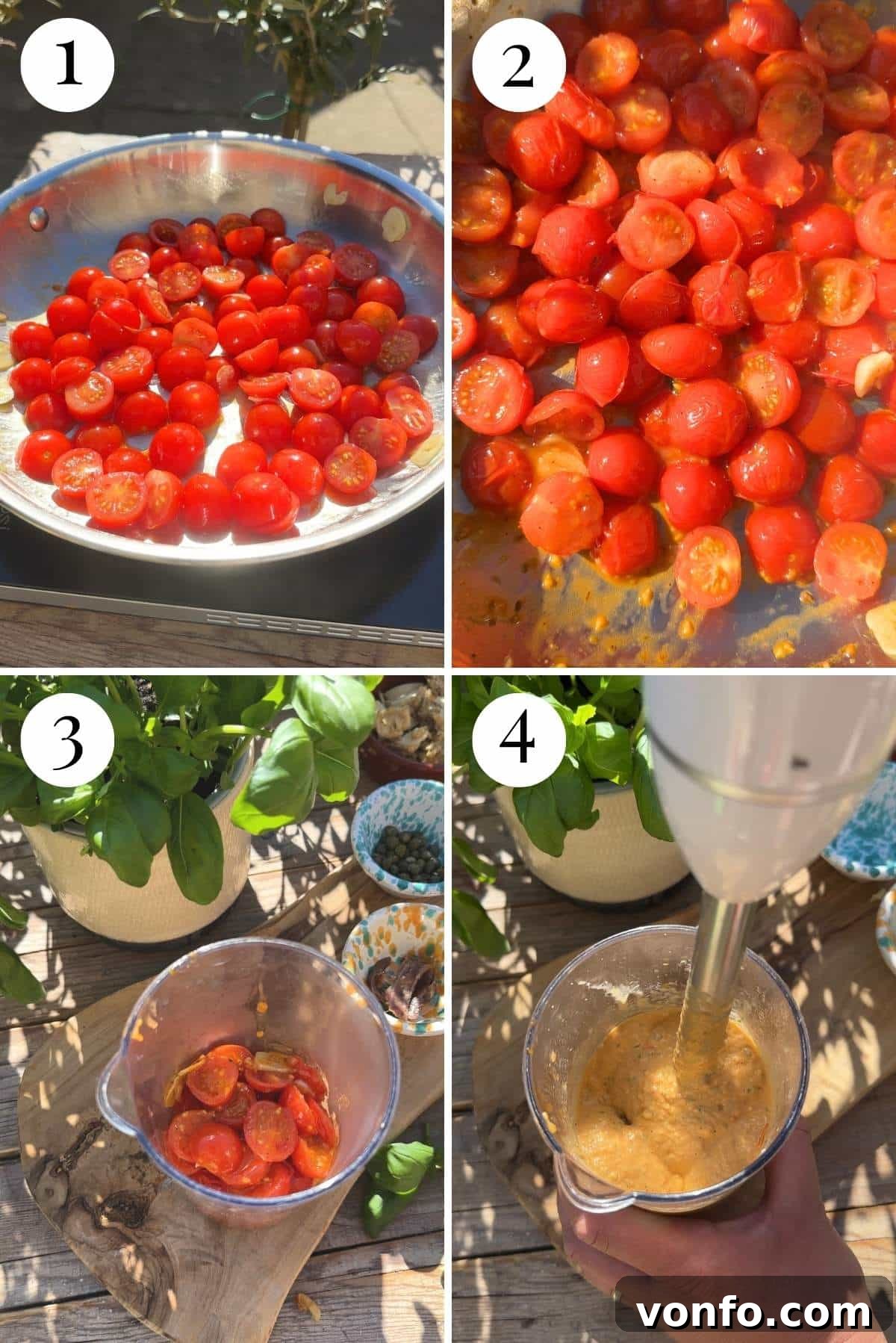 Four photos in a collage showing how to make a tuna pasta sauce with sauteed tomatoes.