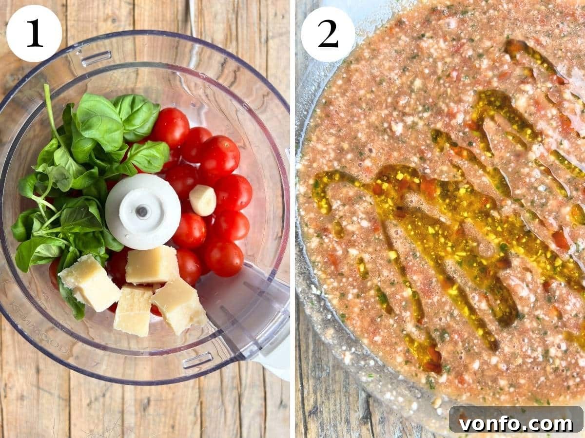 Effortless Fresh Tomato Pasta Sauce 4 A visual comparison demonstrating the texture transformation of a fresh tomato sauce. The first image shows whole cherry tomatoes, chunks of Parmigiano Reggiano, and basil leaves before blending. The second image displays the smooth, yet textured, consistency of the blitzed no-cook tomato sauce, with fine pieces of ingredients visible.