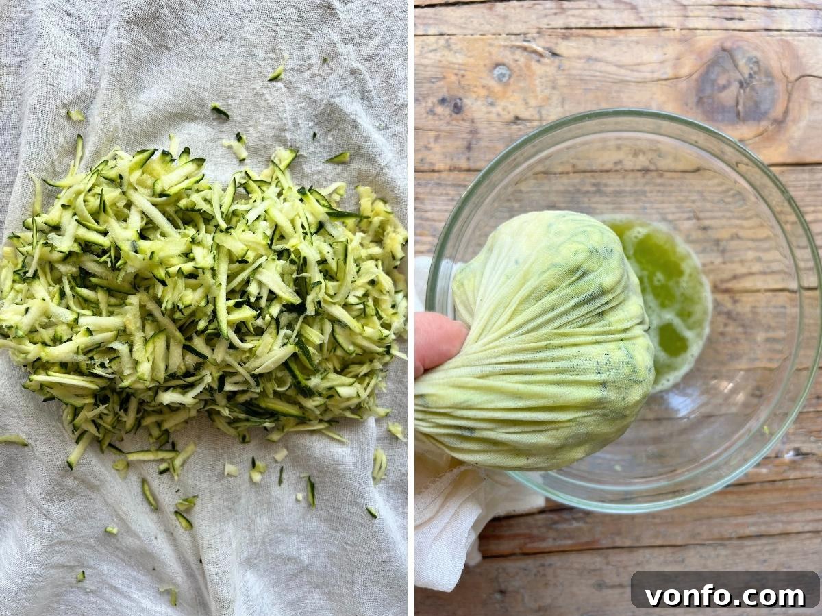 A collage showing grated zucchini on a cheesecloth, followed by hands squeezing excess water into a bowl.