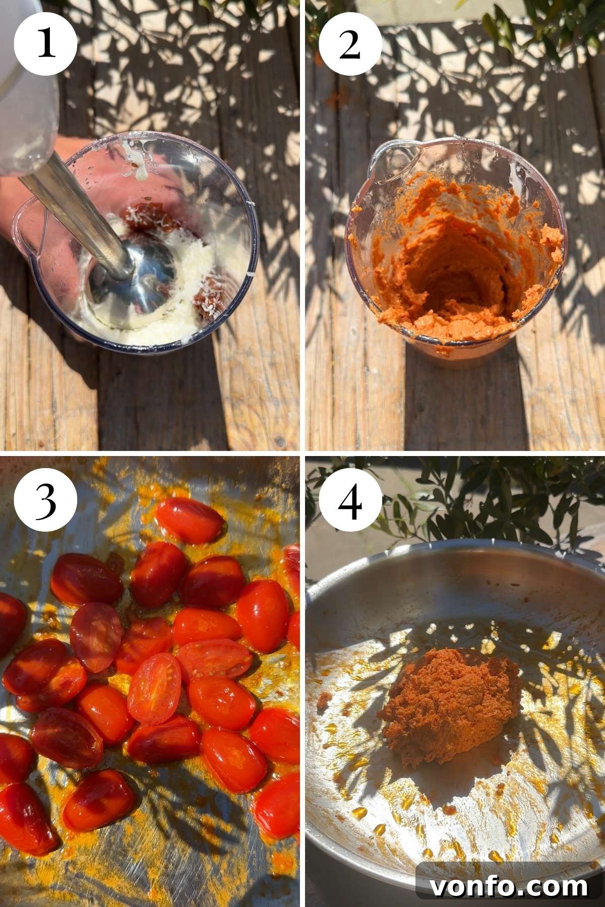 Sun-Kissed Stracchino Tomato Pasta 3 Four photos in a collage showing how to blitz a sundried tomato paste and saute tomatoes for a pasta sauce.