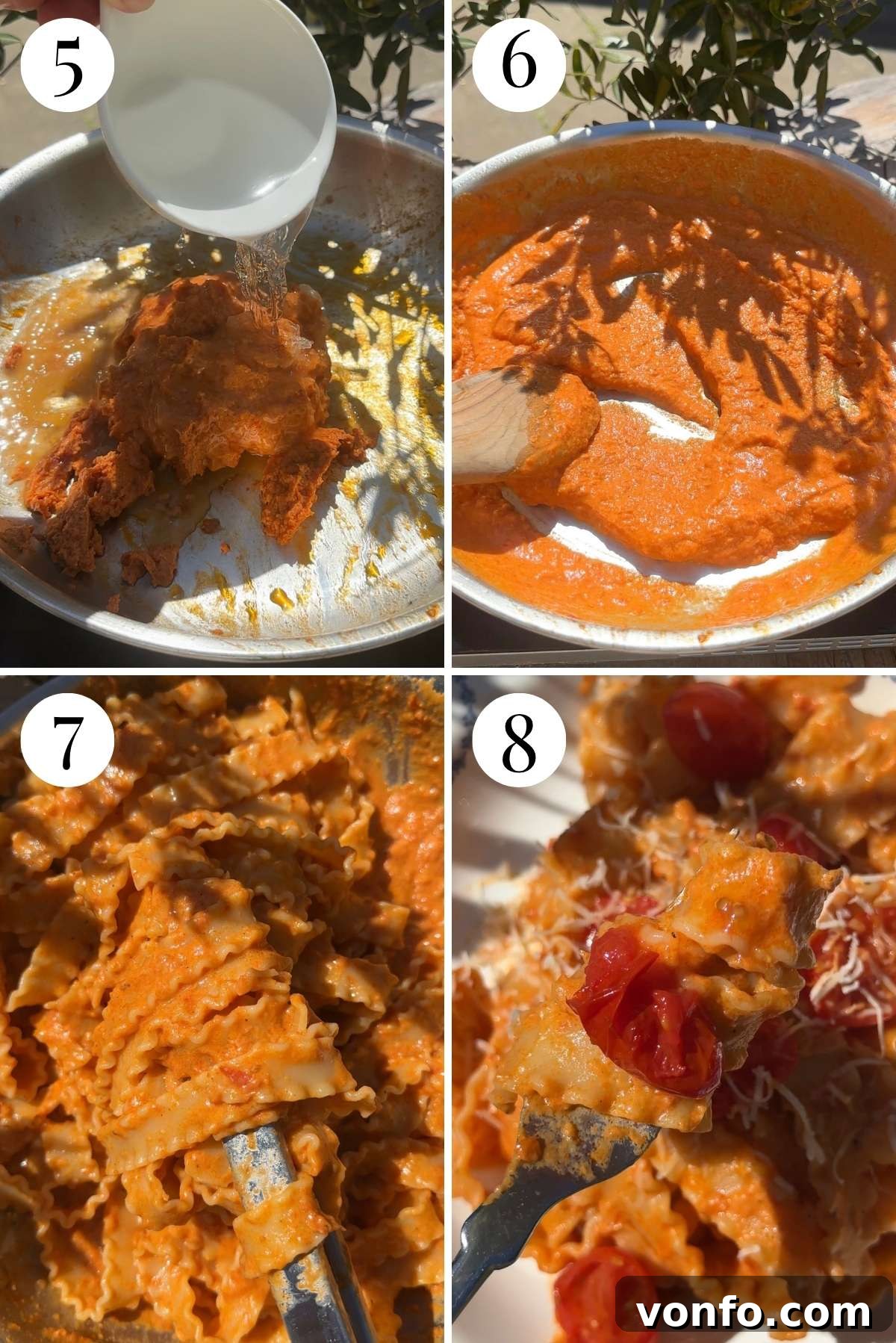 Sun-Kissed Stracchino Tomato Pasta 4 Four photos in a collage showing how to emulsify pasta sauce and add pasta to it.