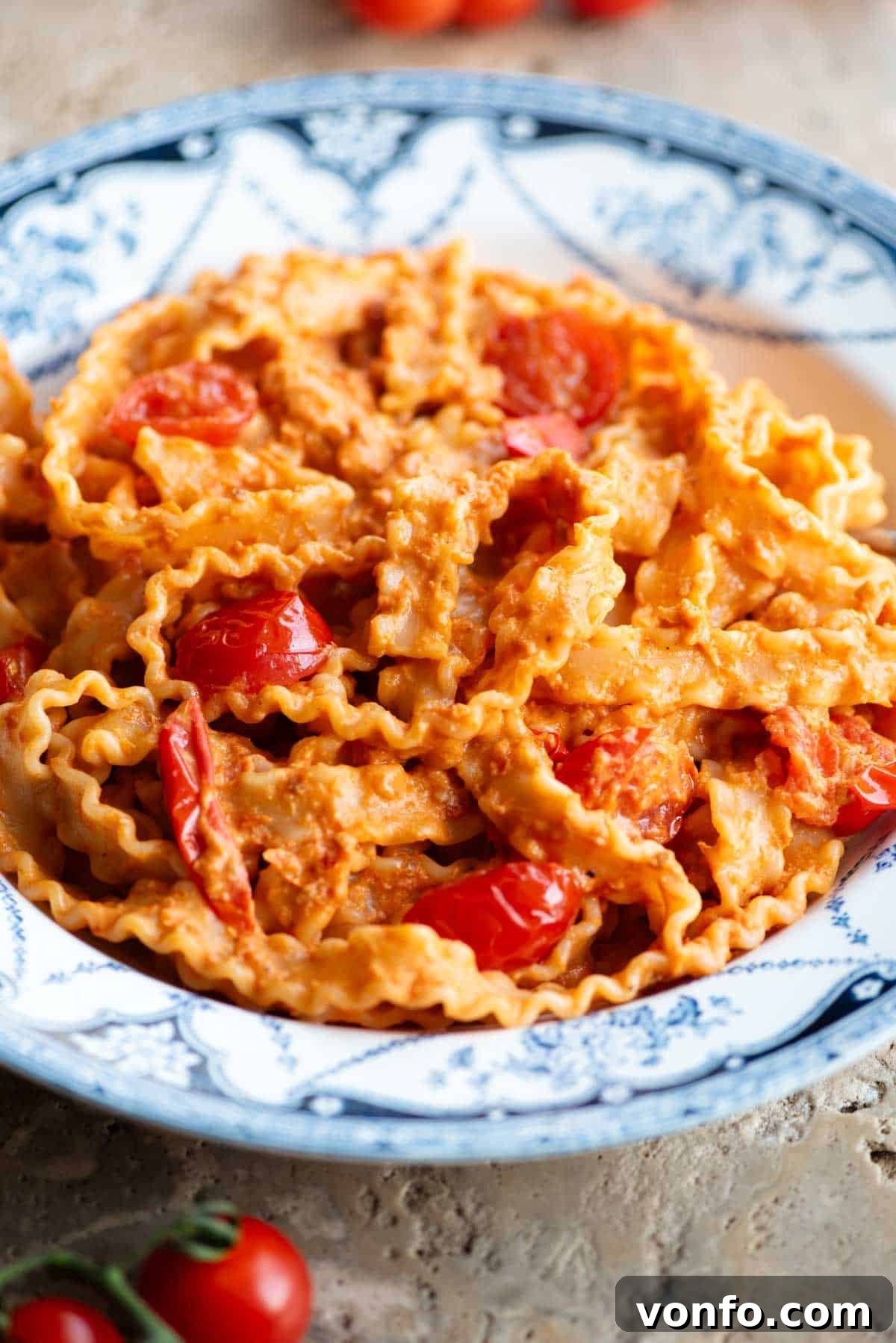 Sun-Kissed Stracchino Tomato Pasta 5 A close up of pasta ribbons in a tomato and stracchino cheese sauce on a blue and white vintage style bowl.