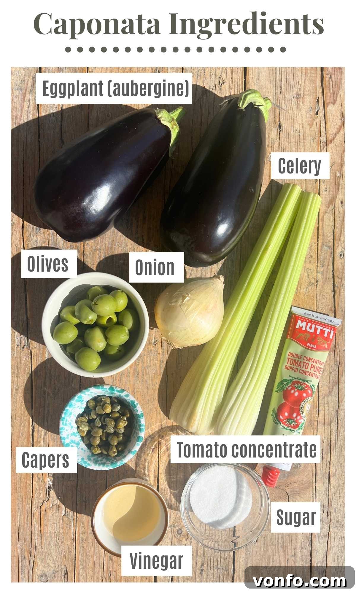Sicilian Sunshine Caponata 3 All the ingredients needed to make caponata on a wooden surface.
