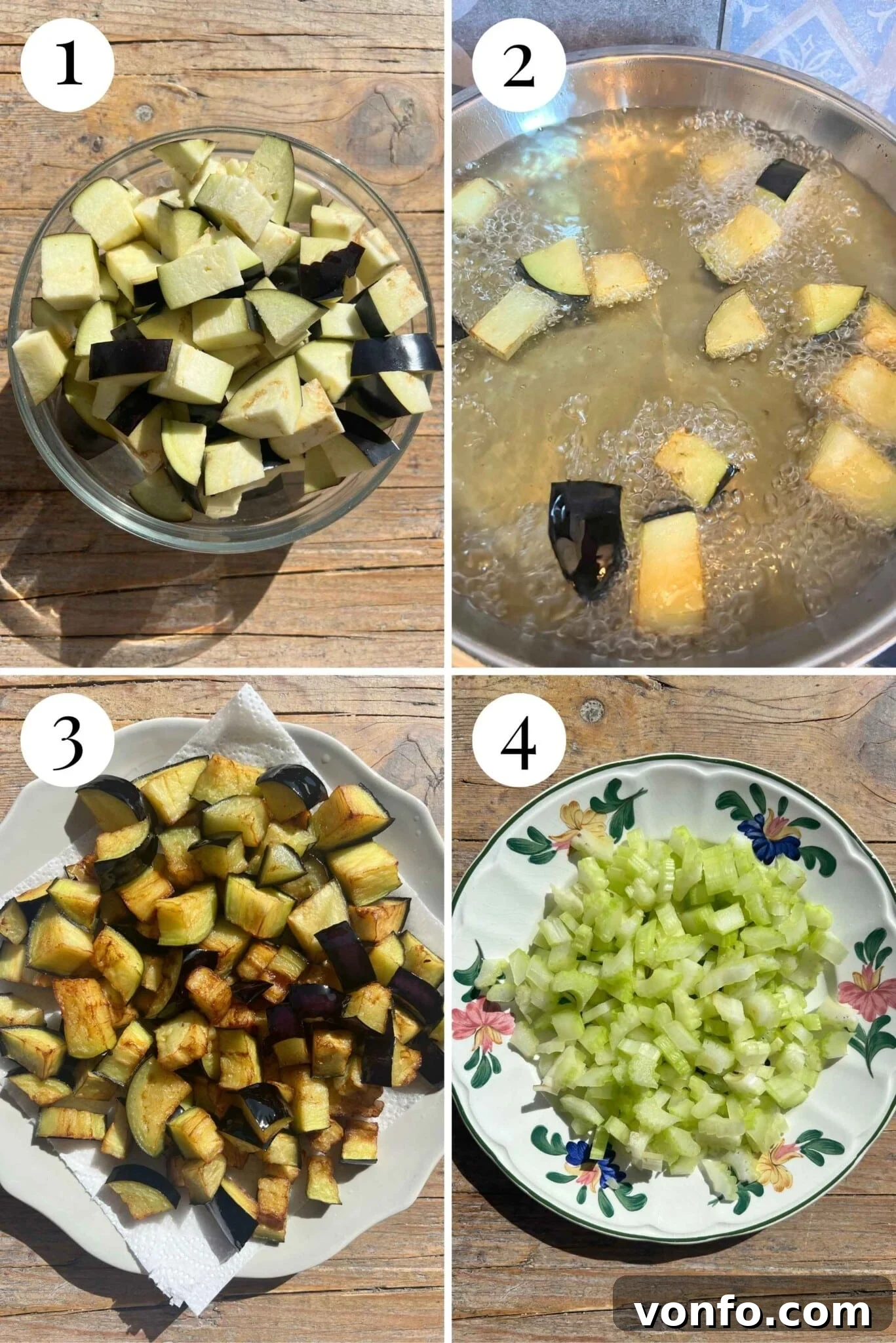 Sicilian Sunshine Caponata 4 Four photos in a collage showing how to fry eggplant. The last photos shows celery cut up into small pieces.
